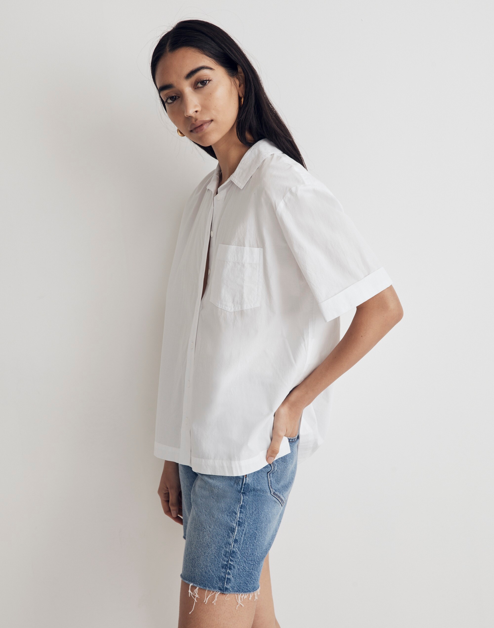 Half Slvs Stretch Poplin Button Down Shirt