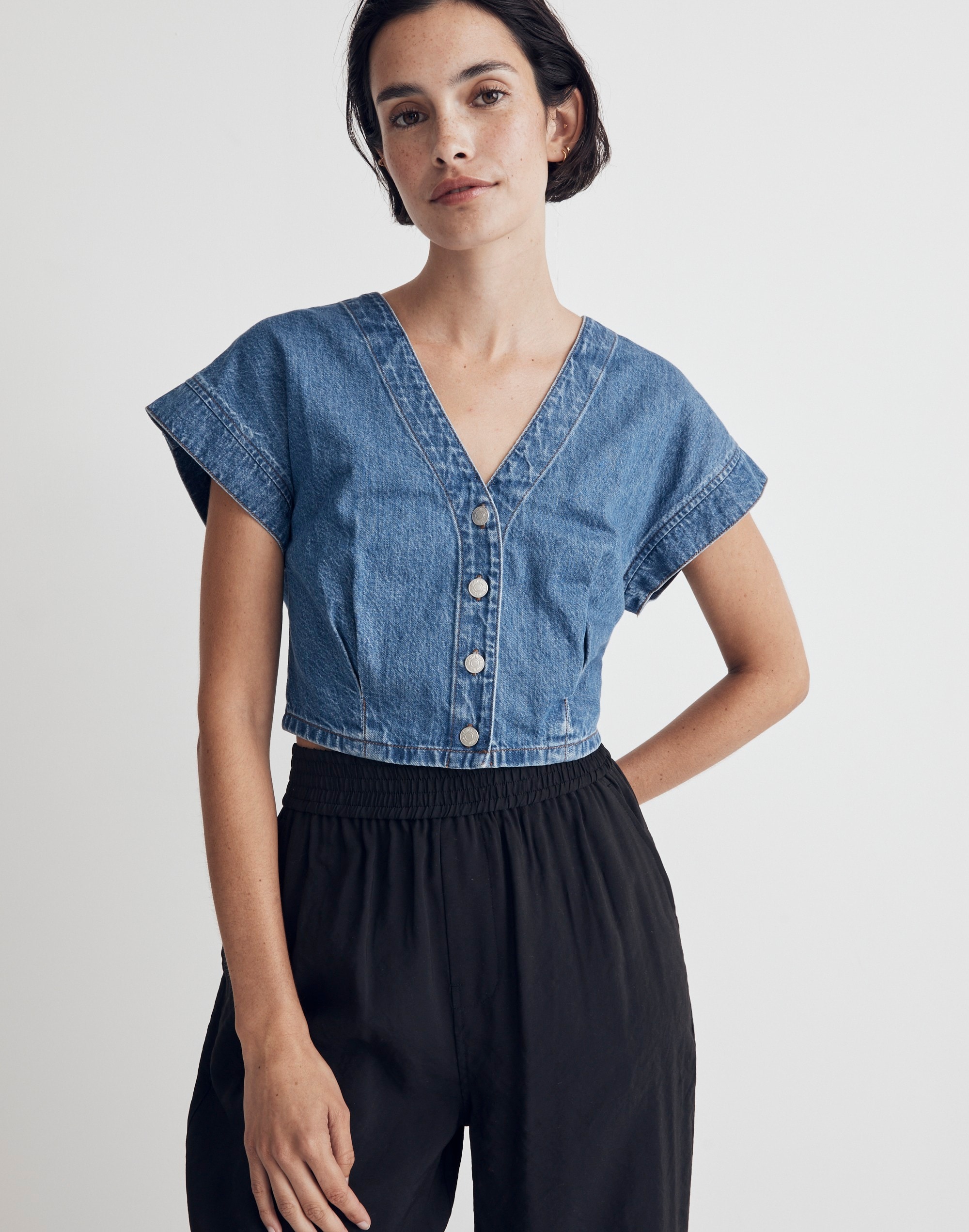 Denim Cap-Sleeve Crop Top