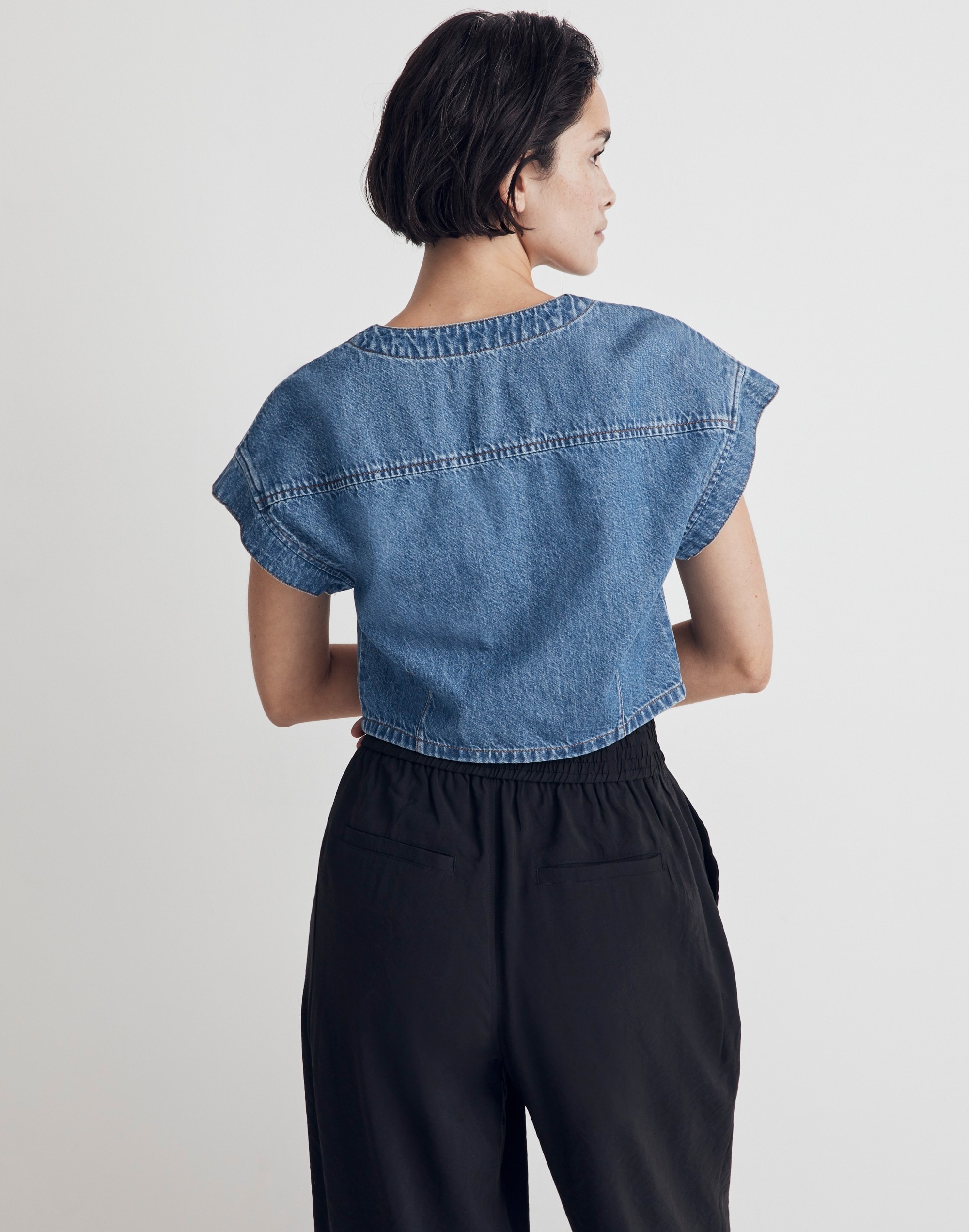 Denim Cap-Sleeve Crop Top