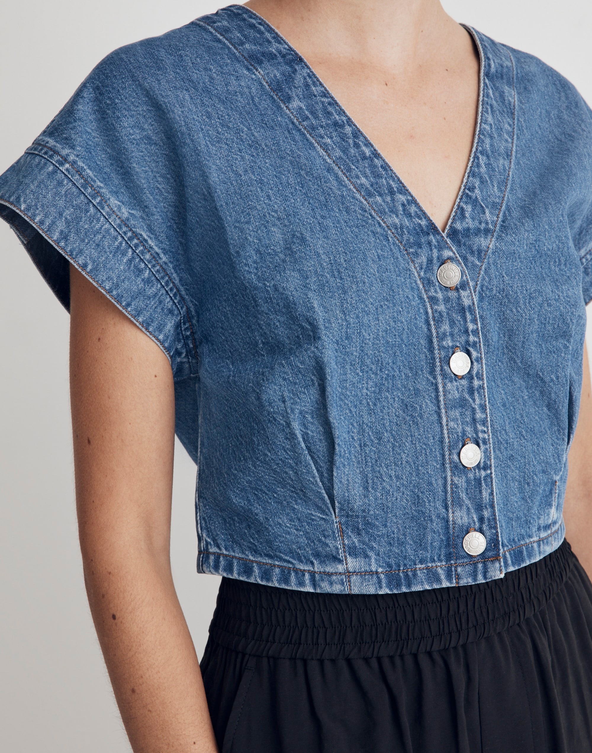 Denim Cap-Sleeve Crop Top