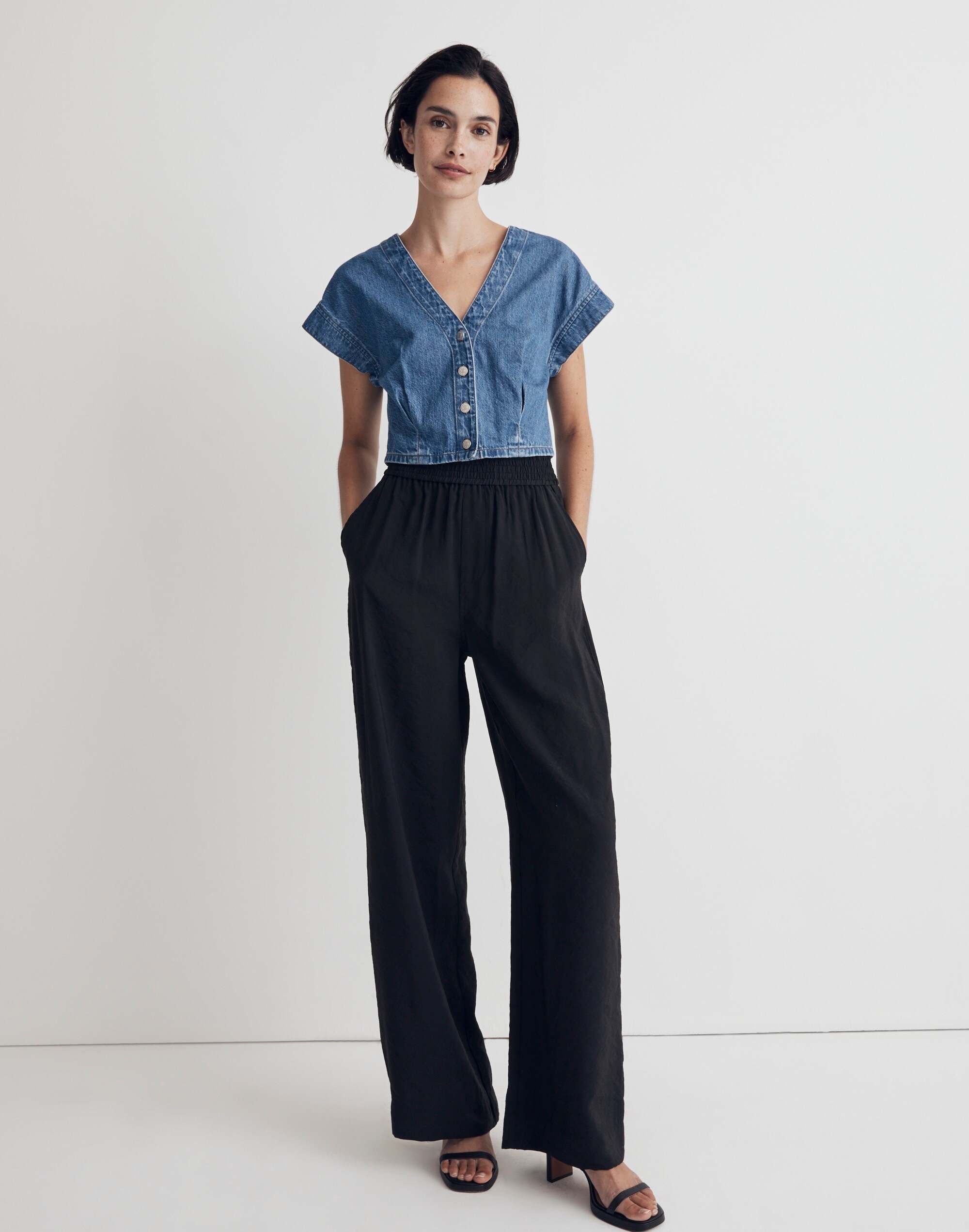 Denim Cap-Sleeve Crop Top