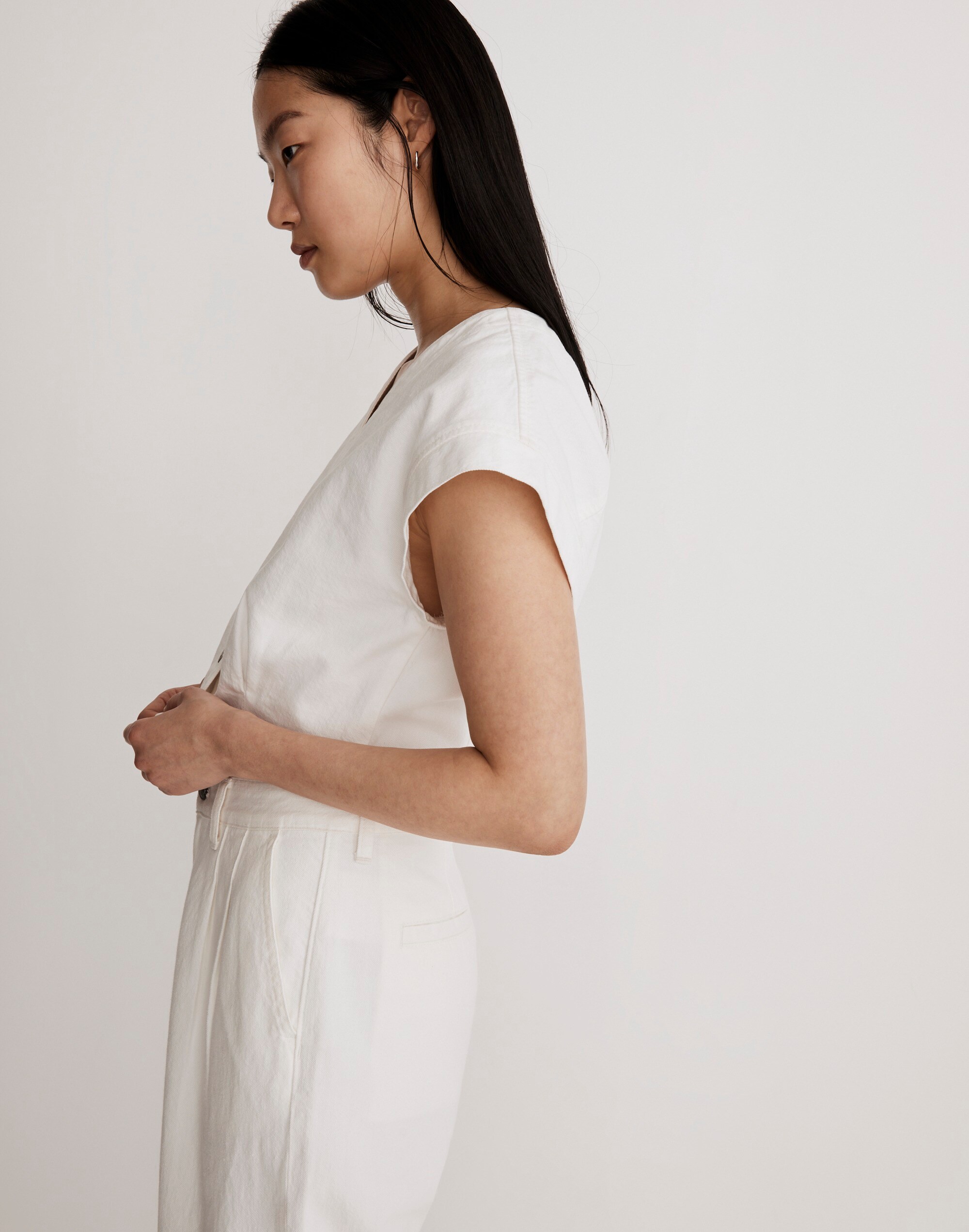 Denim Cap-Sleeve Crop Top in Tile White Alternate Image 1