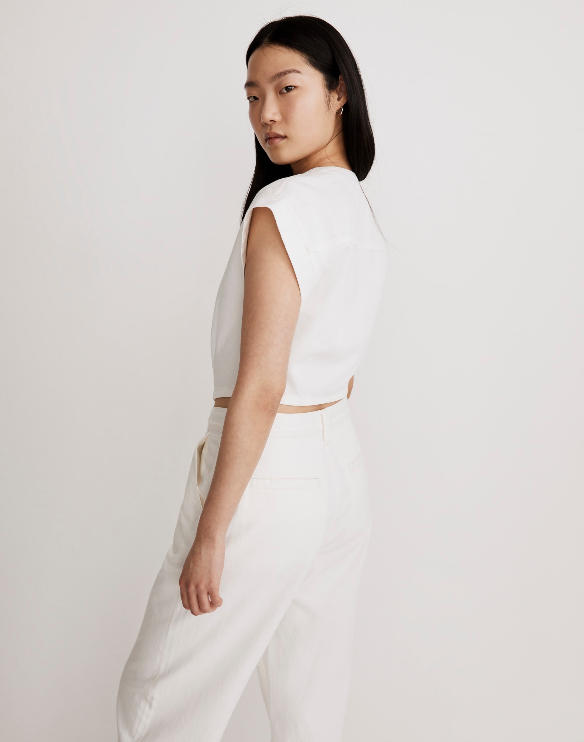 Denim Cap-Sleeve Crop Top in Tile White Alternate Image 3