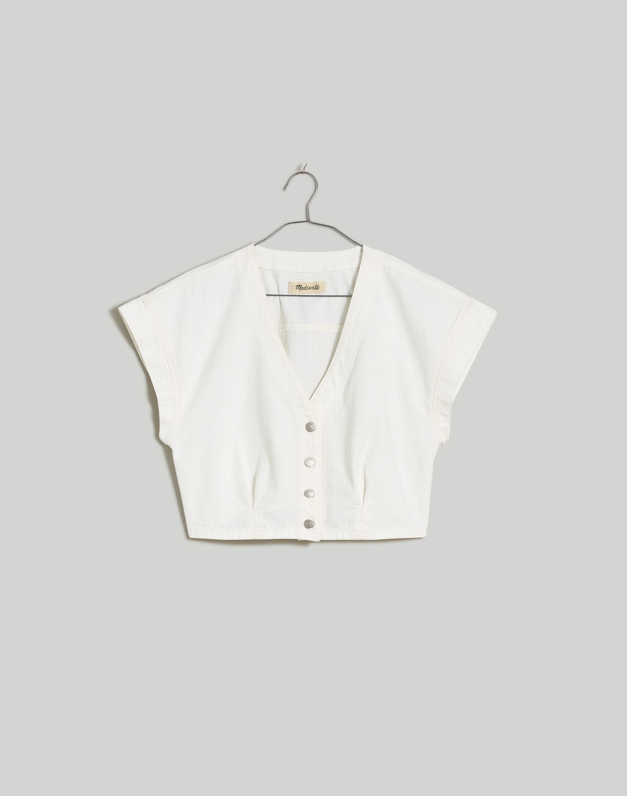 Denim Cap-Sleeve Crop Top in Tile White