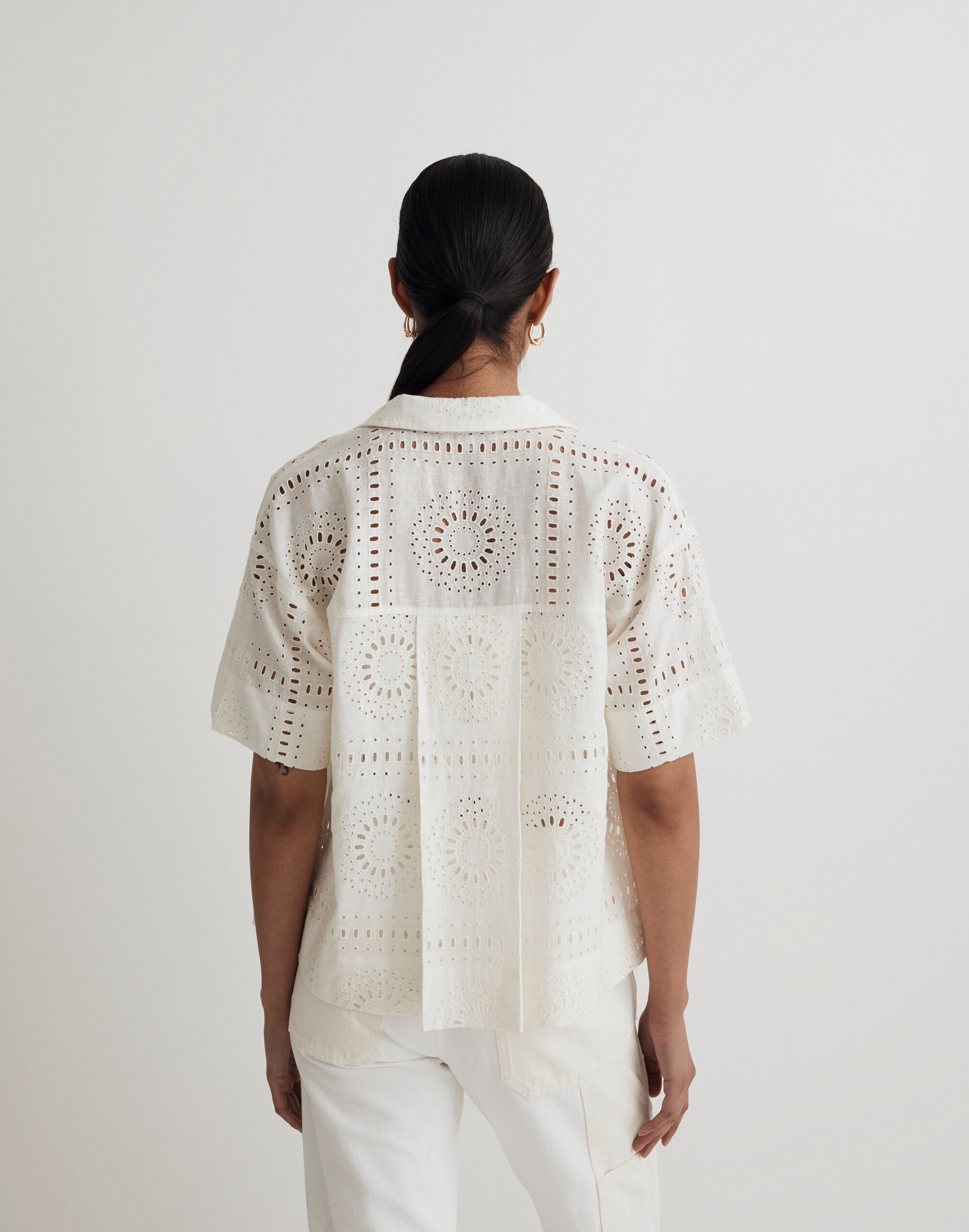 Eyelet Button-Up Camp Shirt