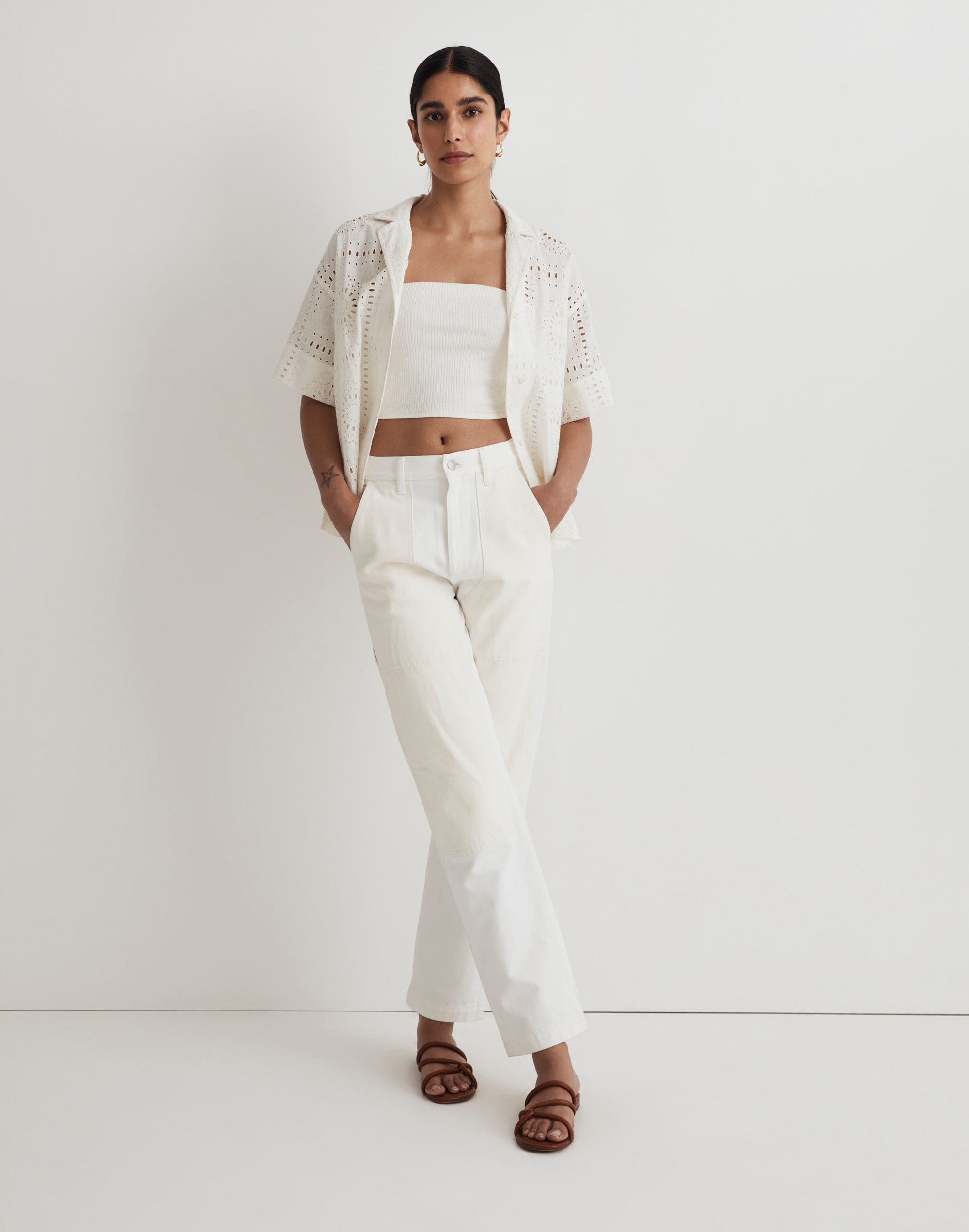 Eyelet Button-Up Camp Shirt