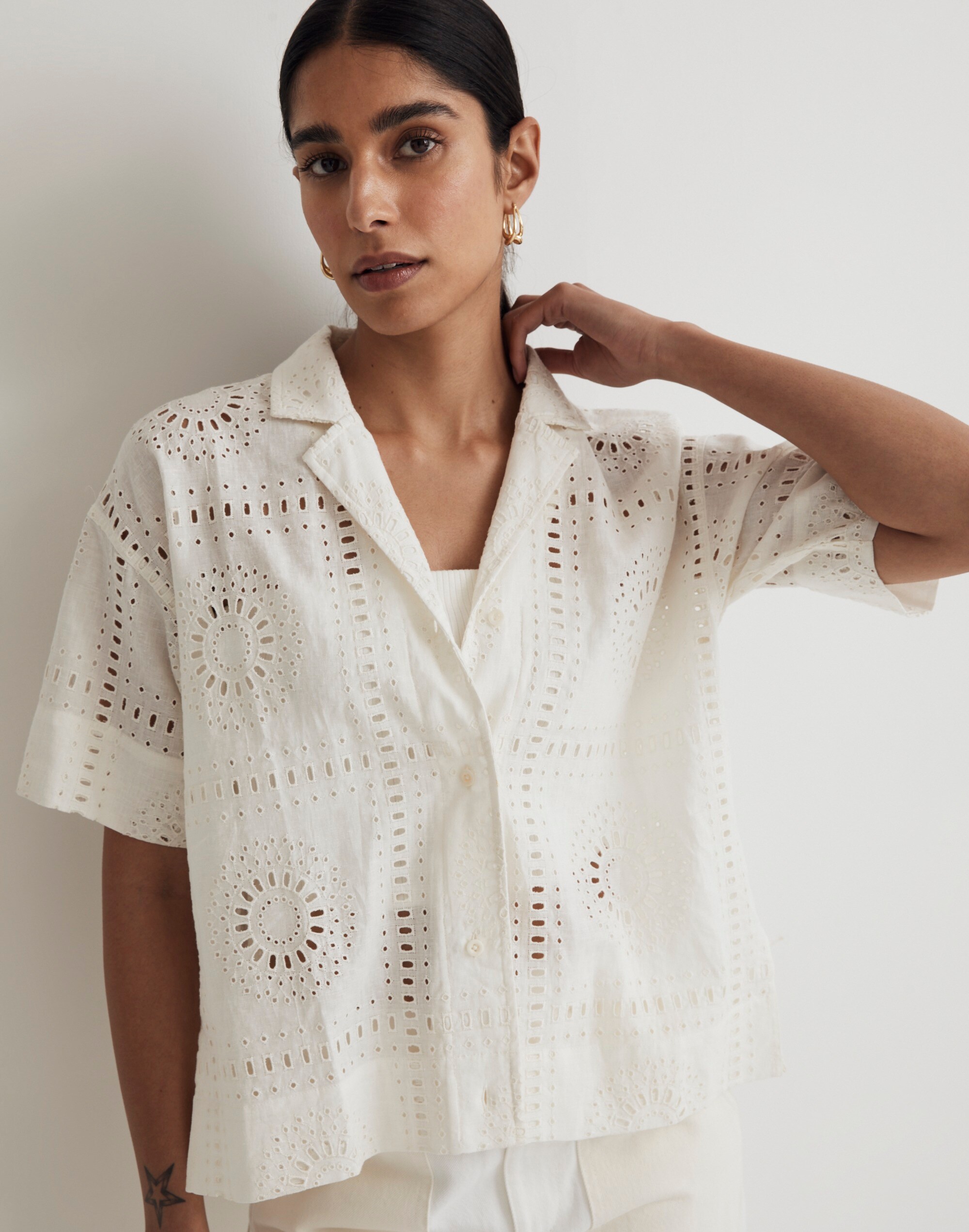 Eyelet Button-Up Camp Shirt