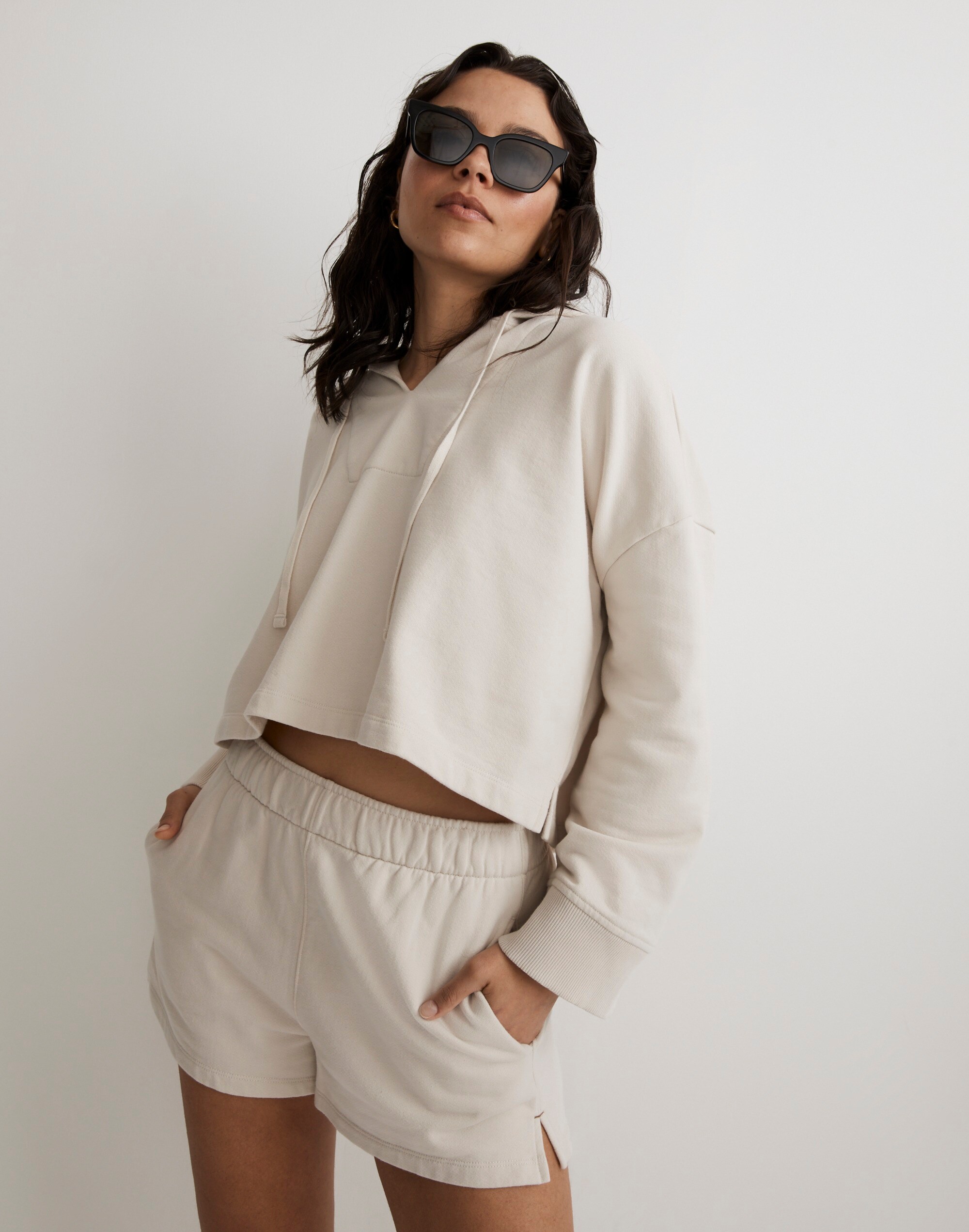 Terry Drawstring Crop Hoodie