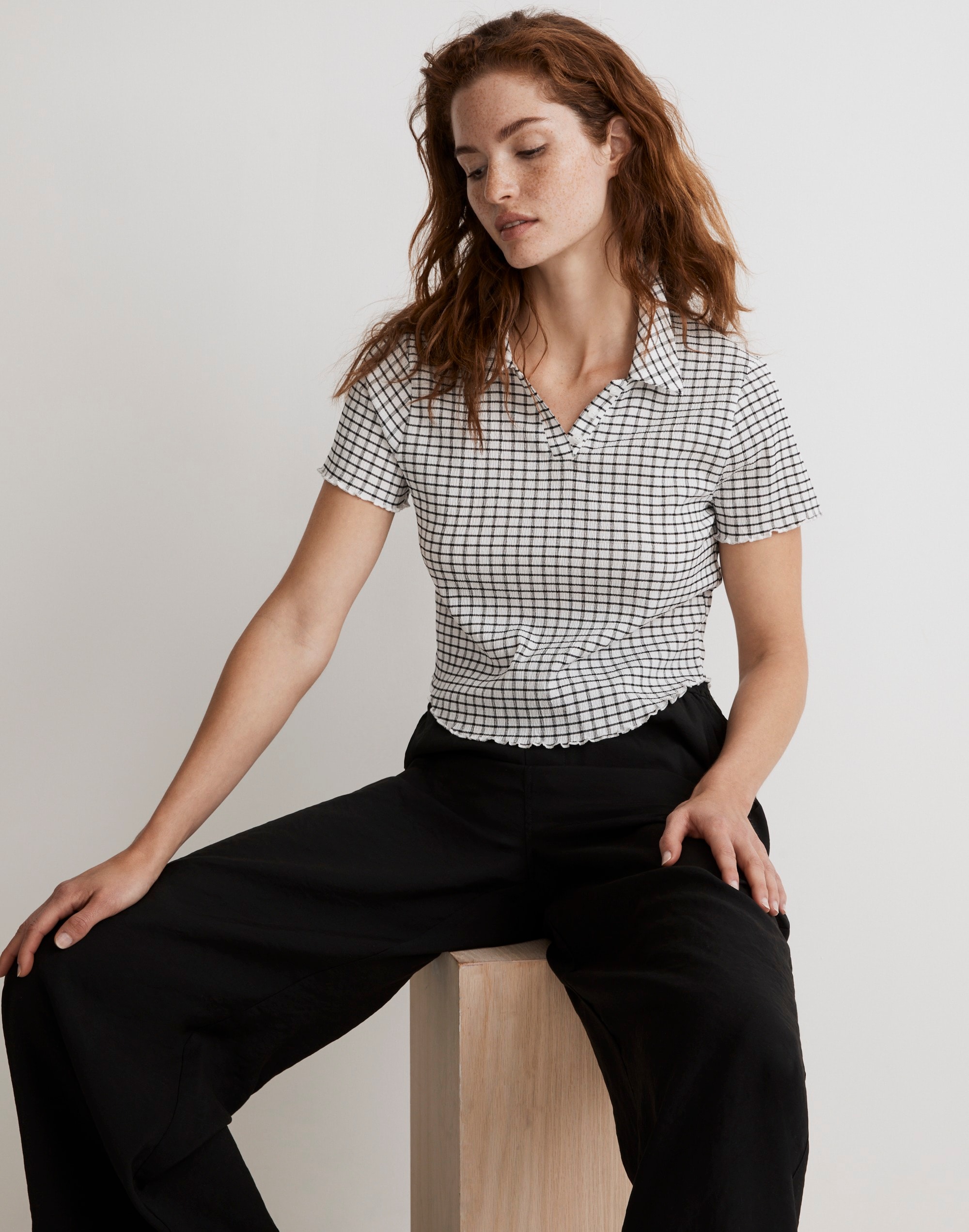 crinkle polo crop tee in windowpane