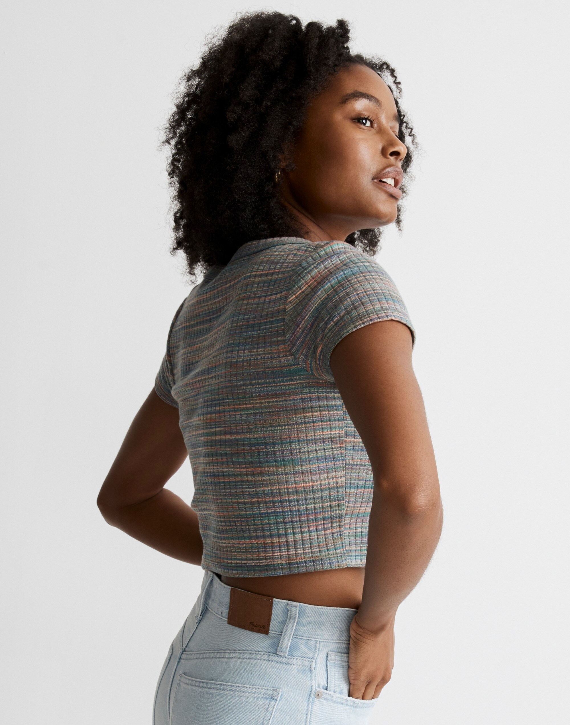 Ribbed V-Neck Crop Tee in Space-Dye