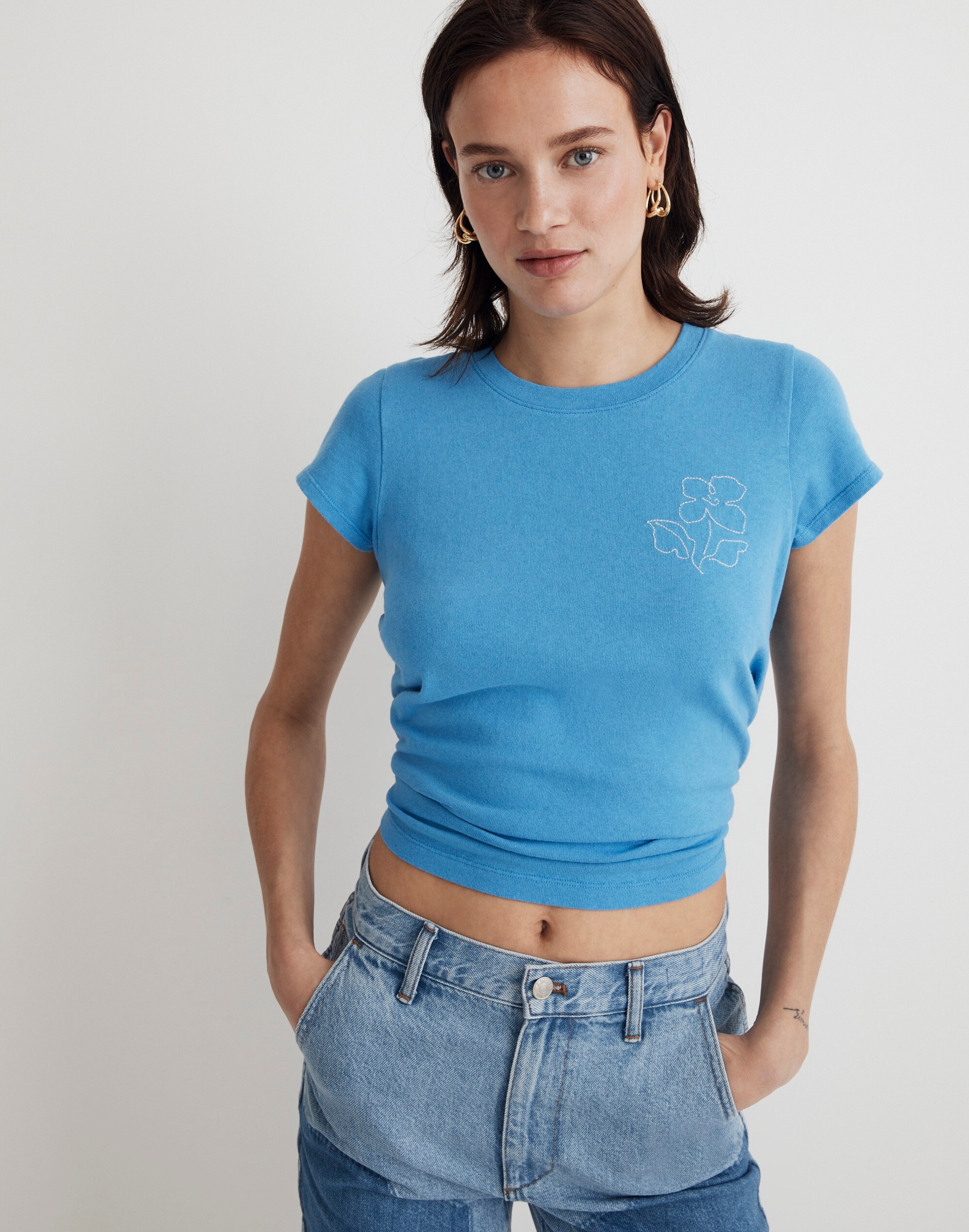 Floral-Embroidered Shrunken Crewneck Tee