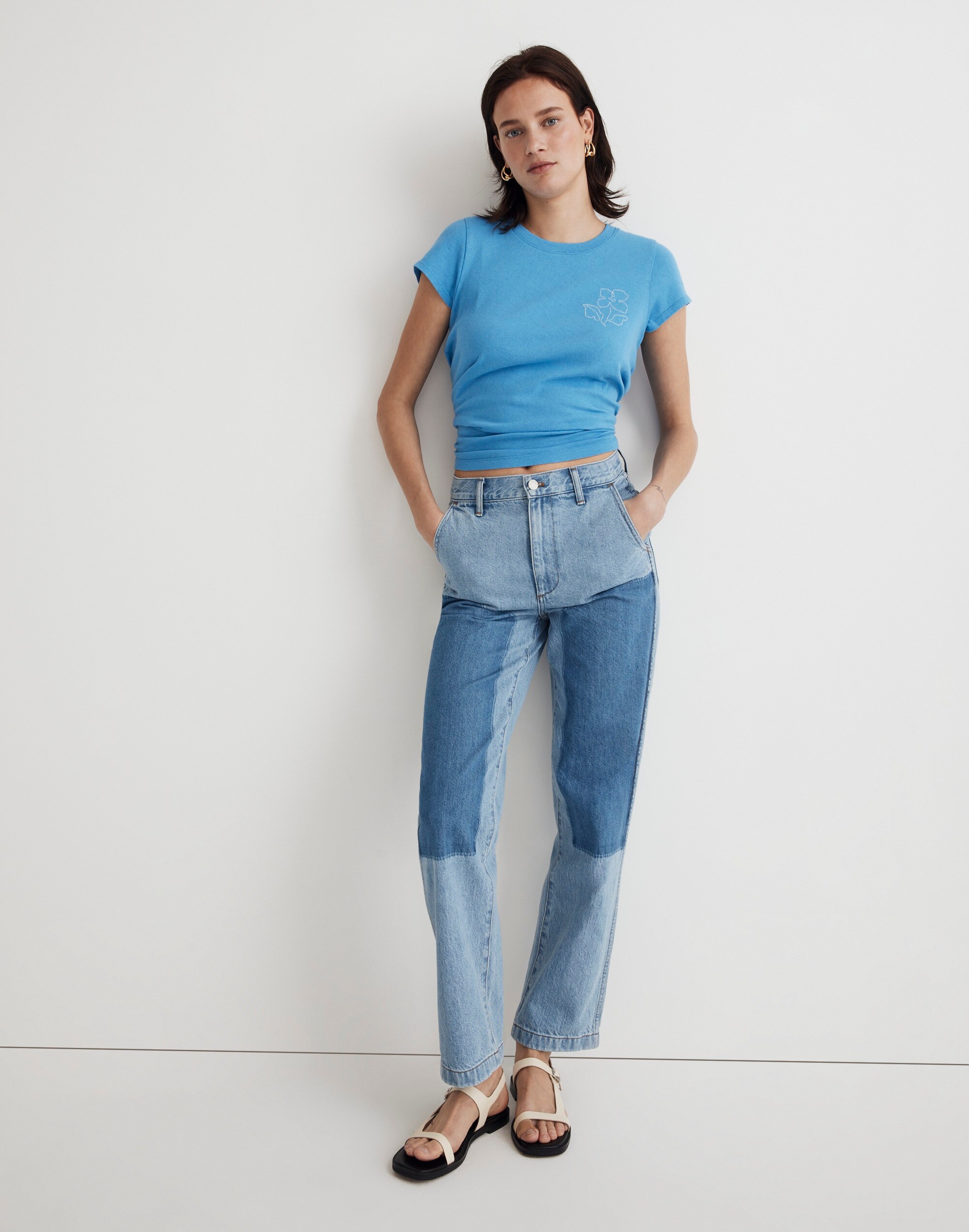 Floral-Embroidered Shrunken Crewneck Tee