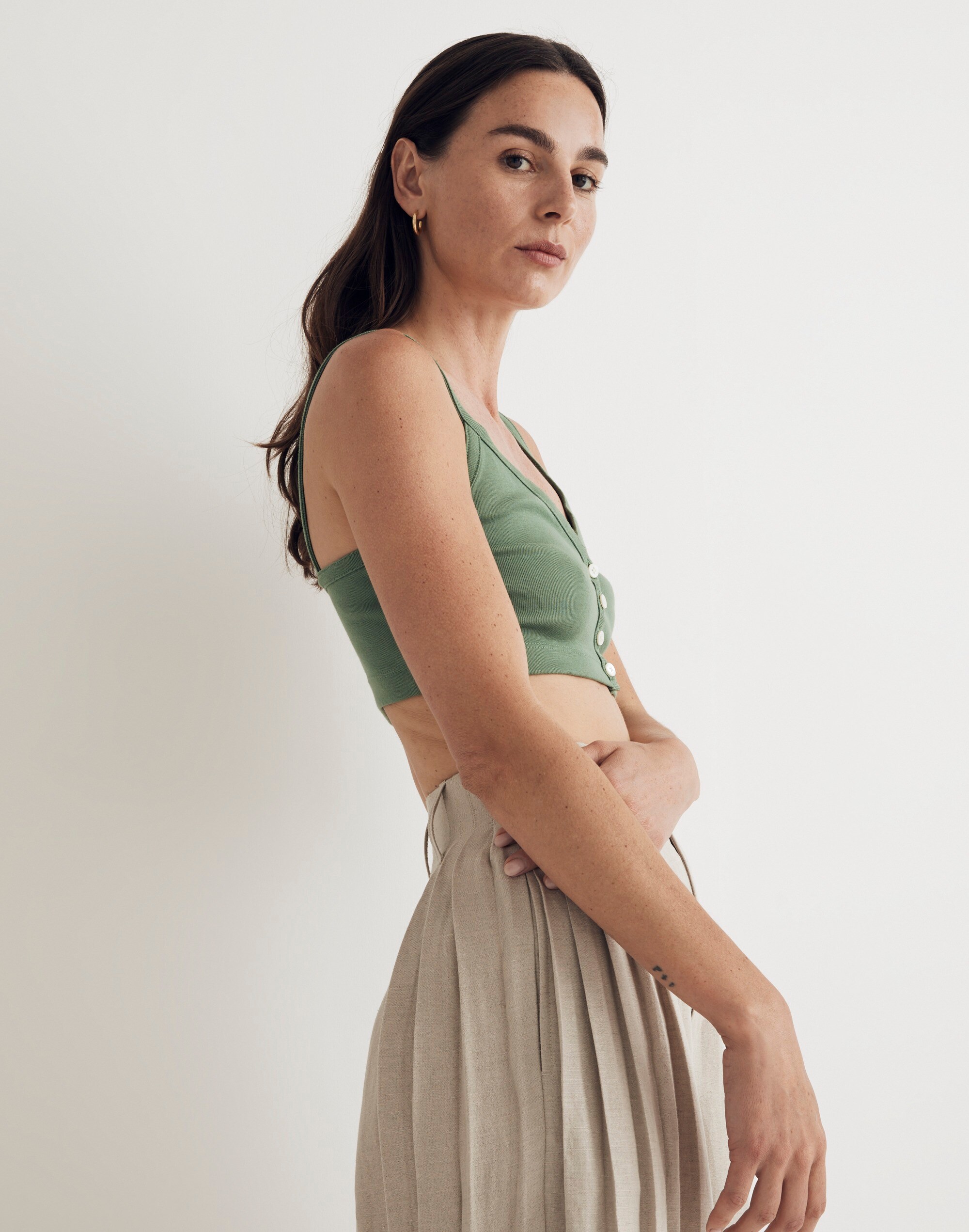 V-Neck Button-Front Crop Tank