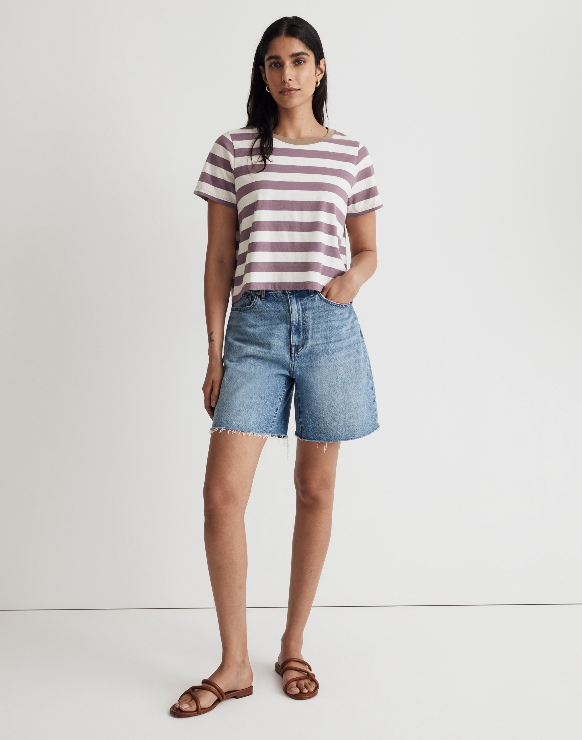 softfade cotton boxy-crop tee in stripe