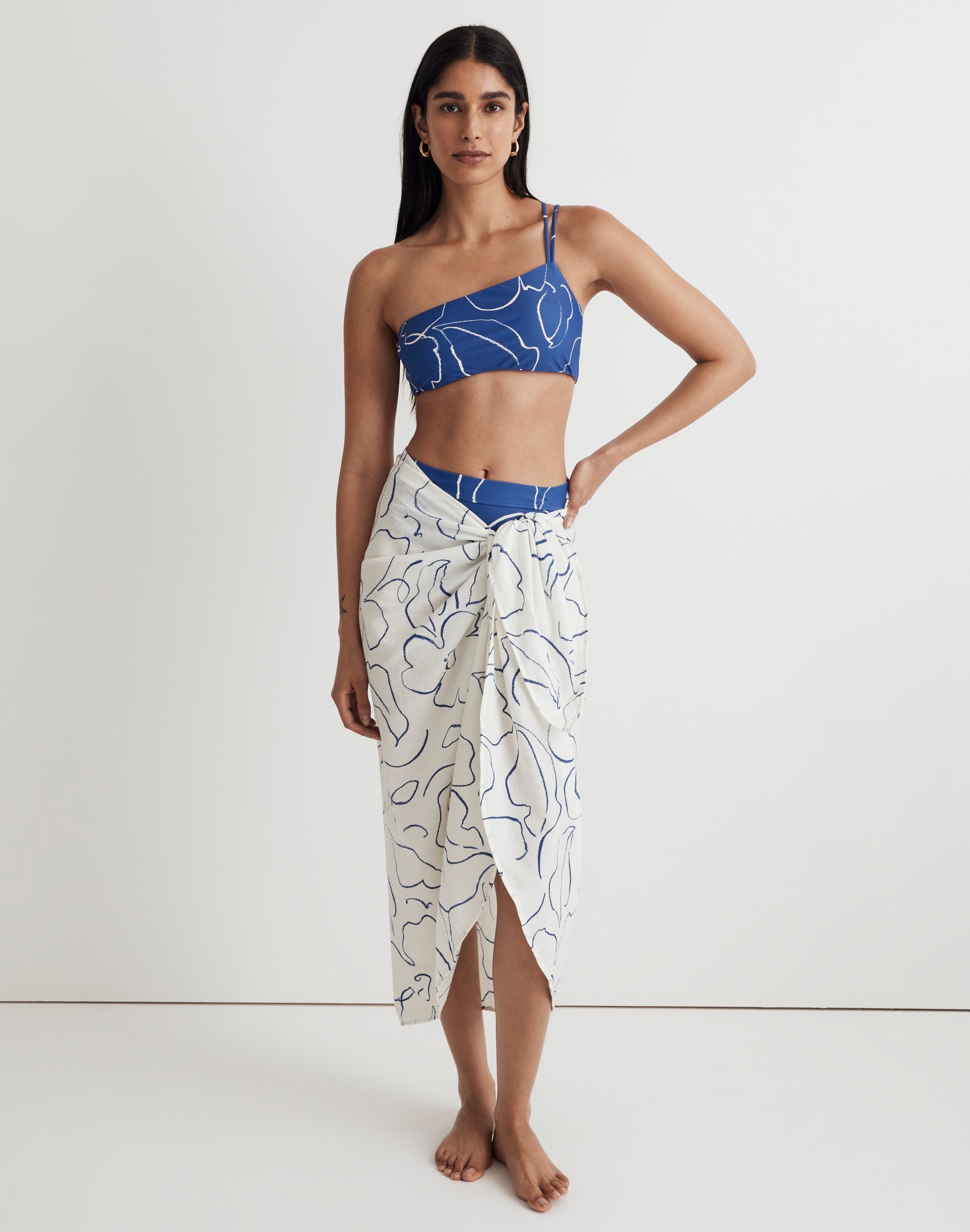 double-strap one-shoulder bikini top in linear bloom