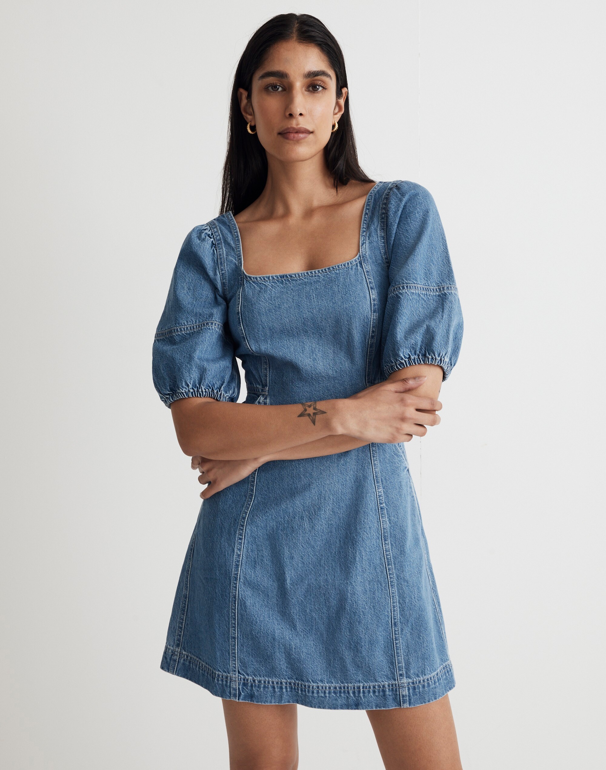 Petite Denim Maisie Mini Dress in Fennwood Wash