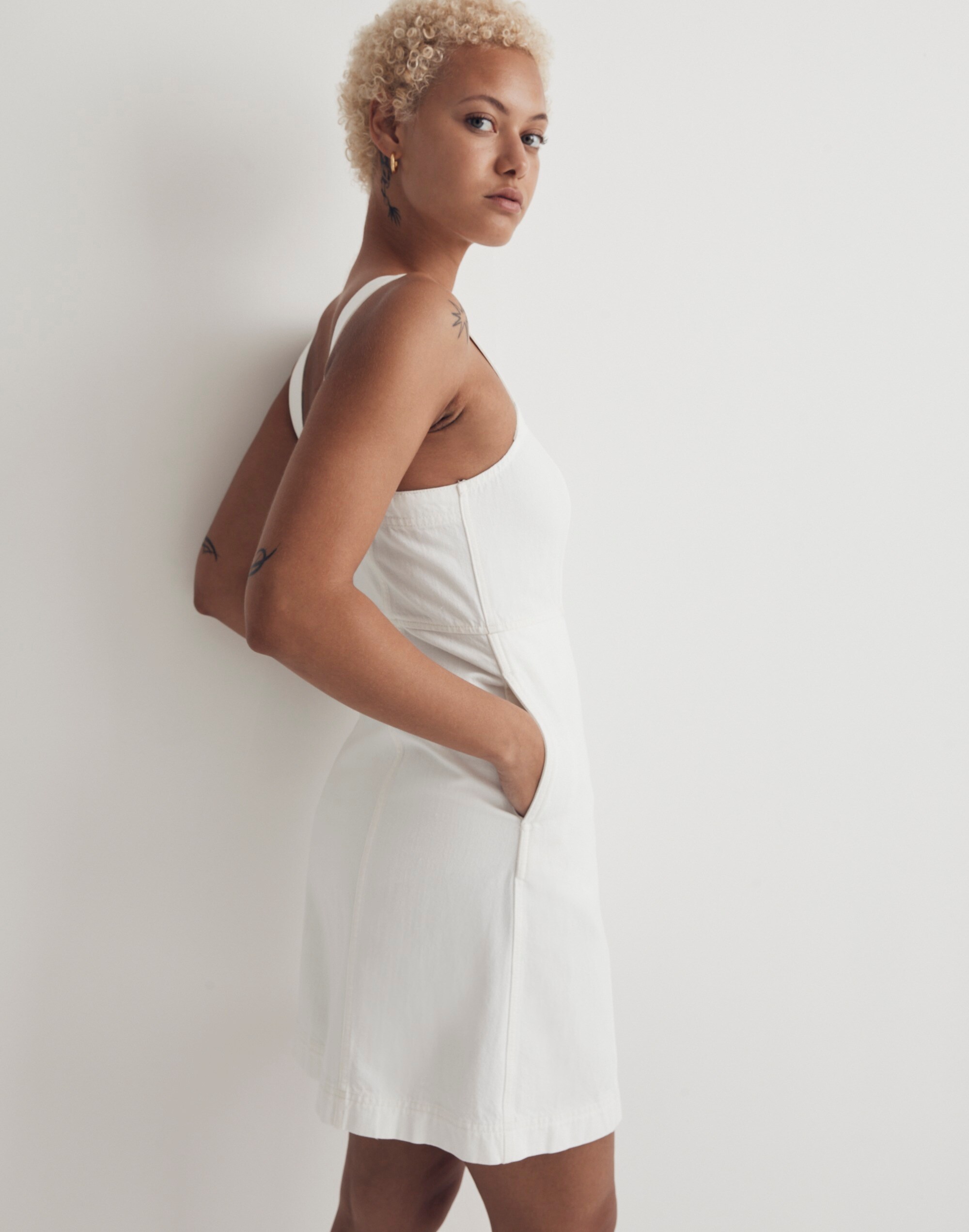 Denim Square-Neck Sleeveless Mini Dress in Tile White