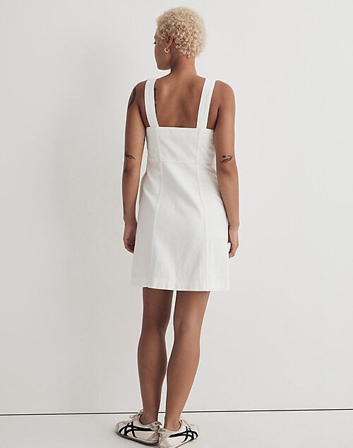 Denim Square-Neck Sleeveless Mini Dress in Tile White