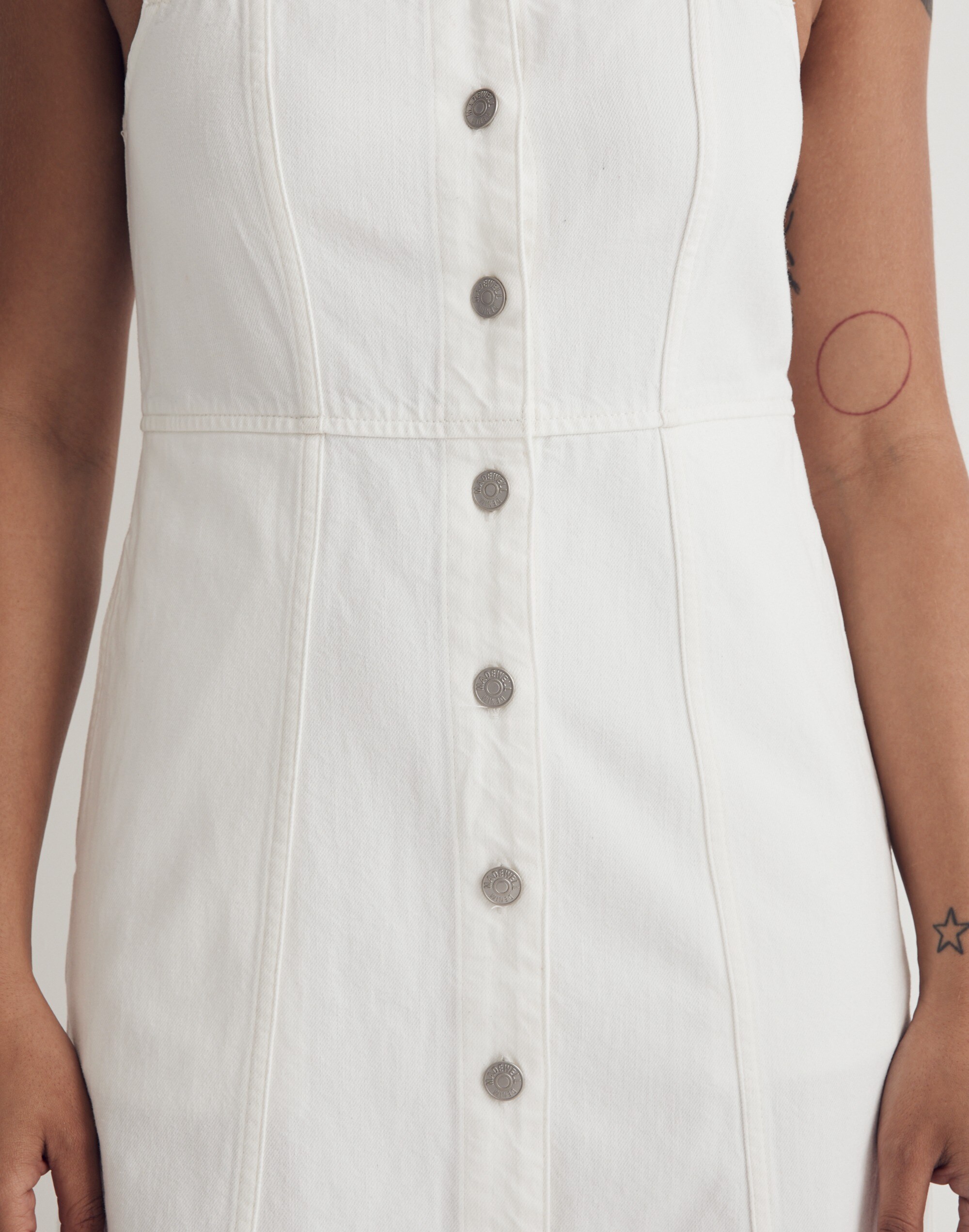 Denim Square-Neck Sleeveless Mini Dress in Tile White