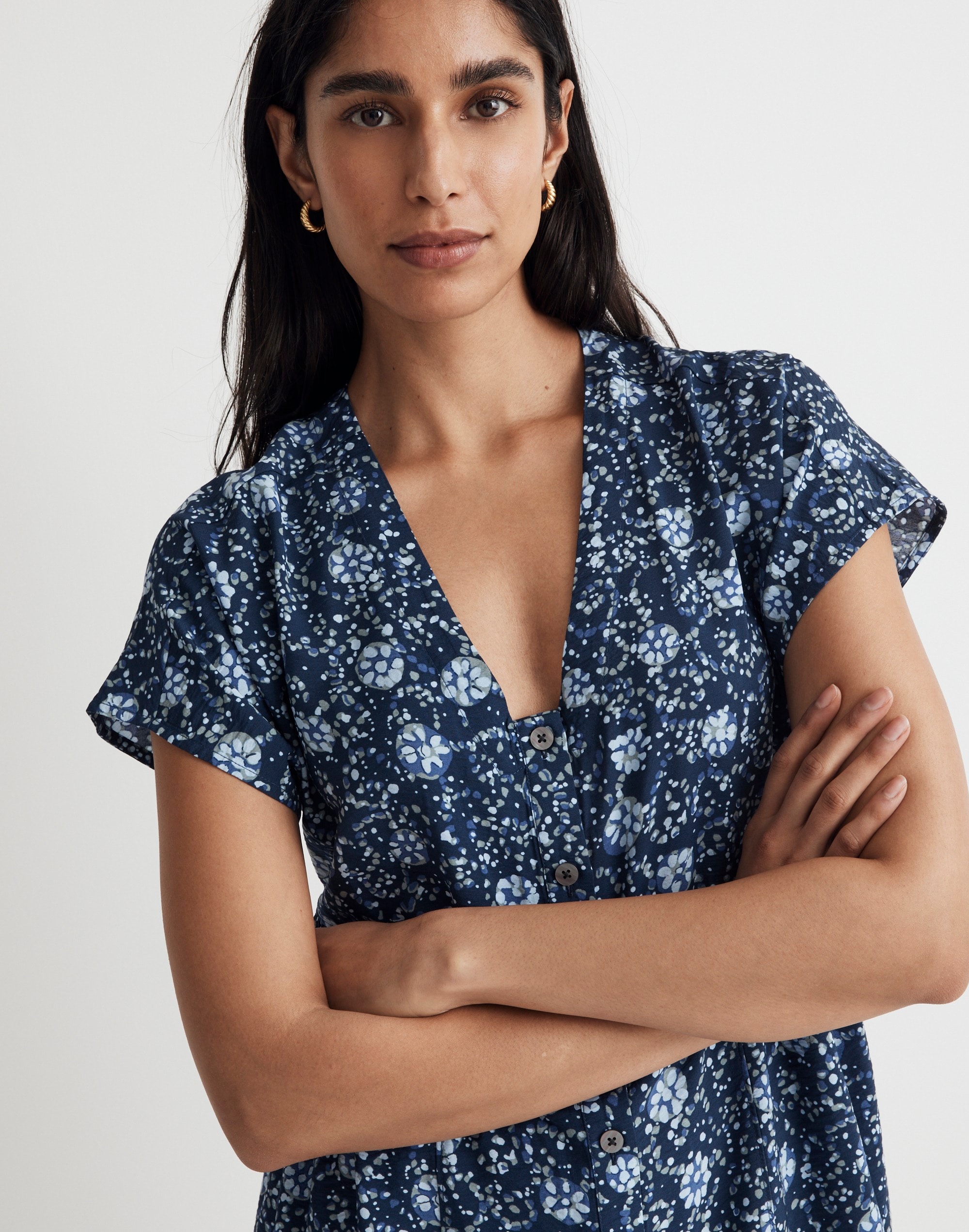 Button-Front V-Neck Mini Dress