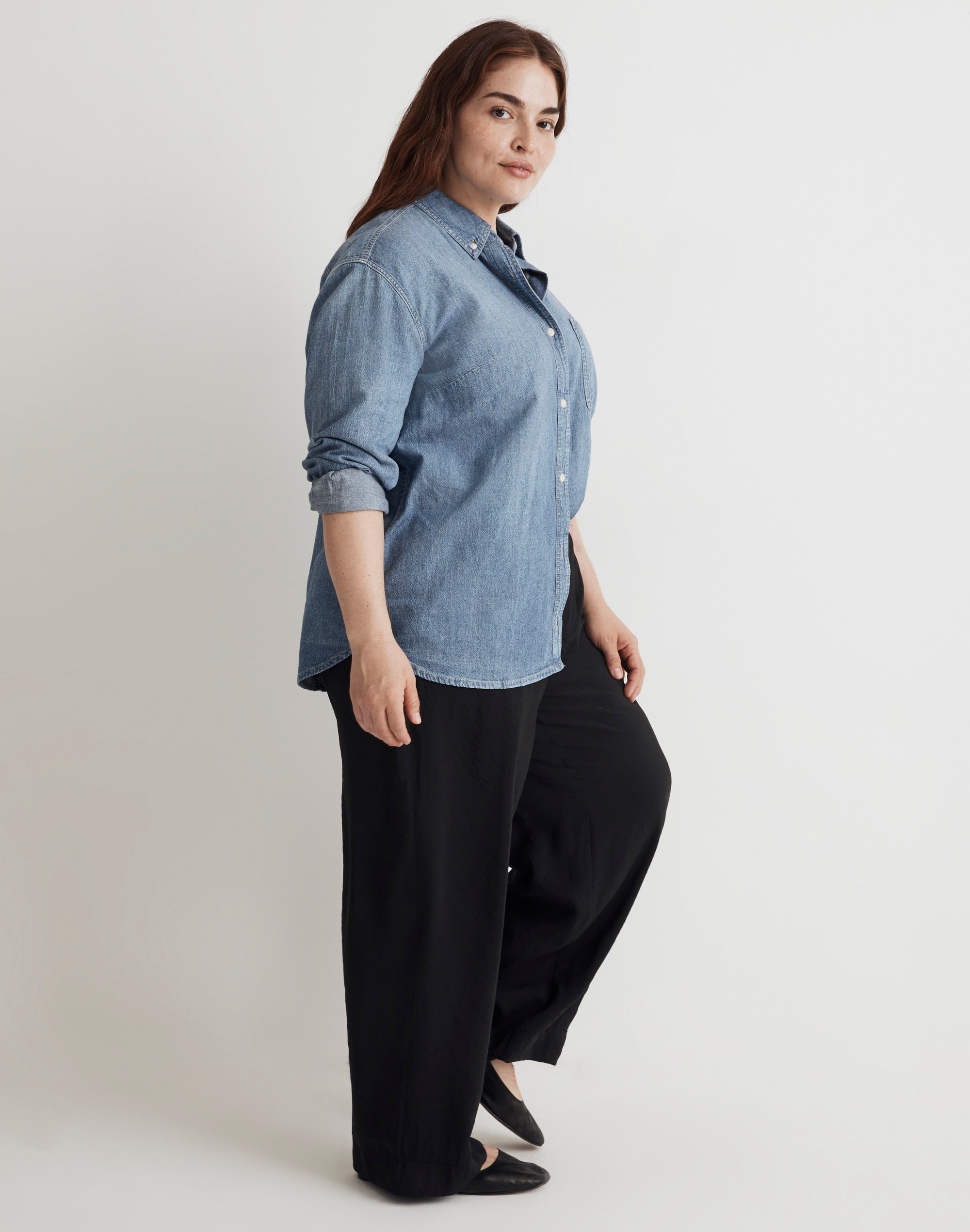 Plus Denim Button-Down Collar Oversized Shirt