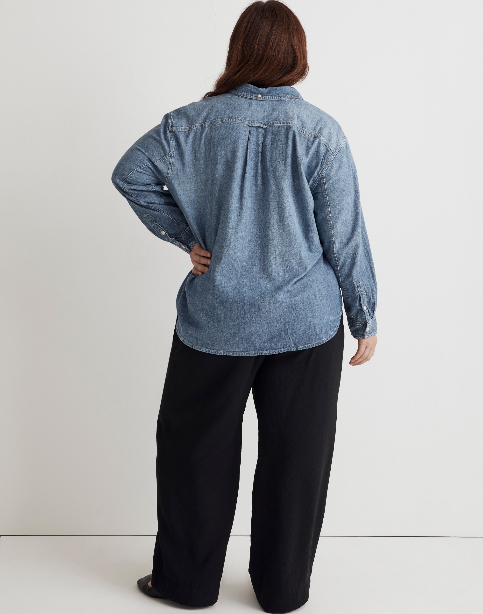 Plus Denim Button-Down Collar Oversized Shirt