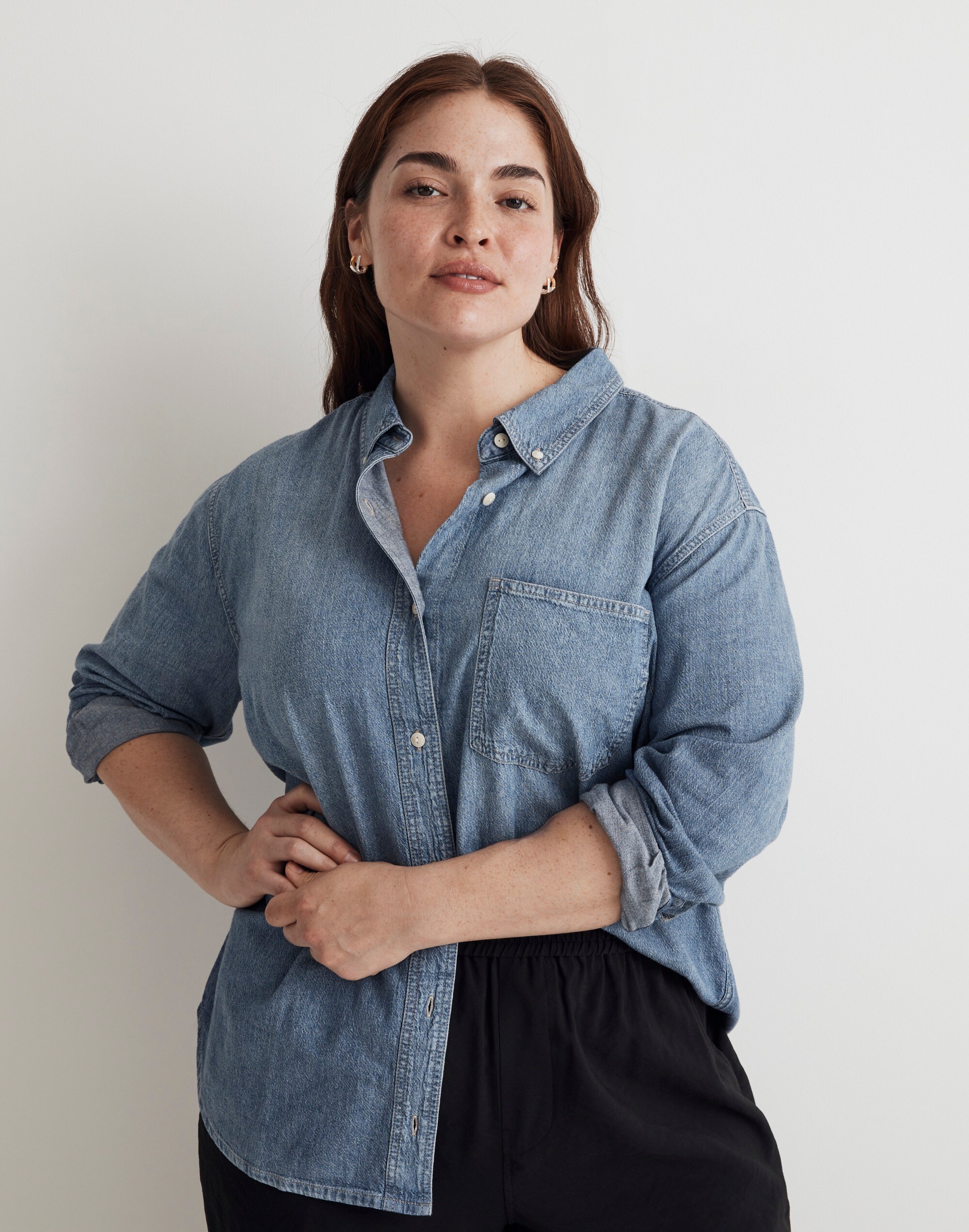 Plus Denim Button-Down Collar Oversized Shirt