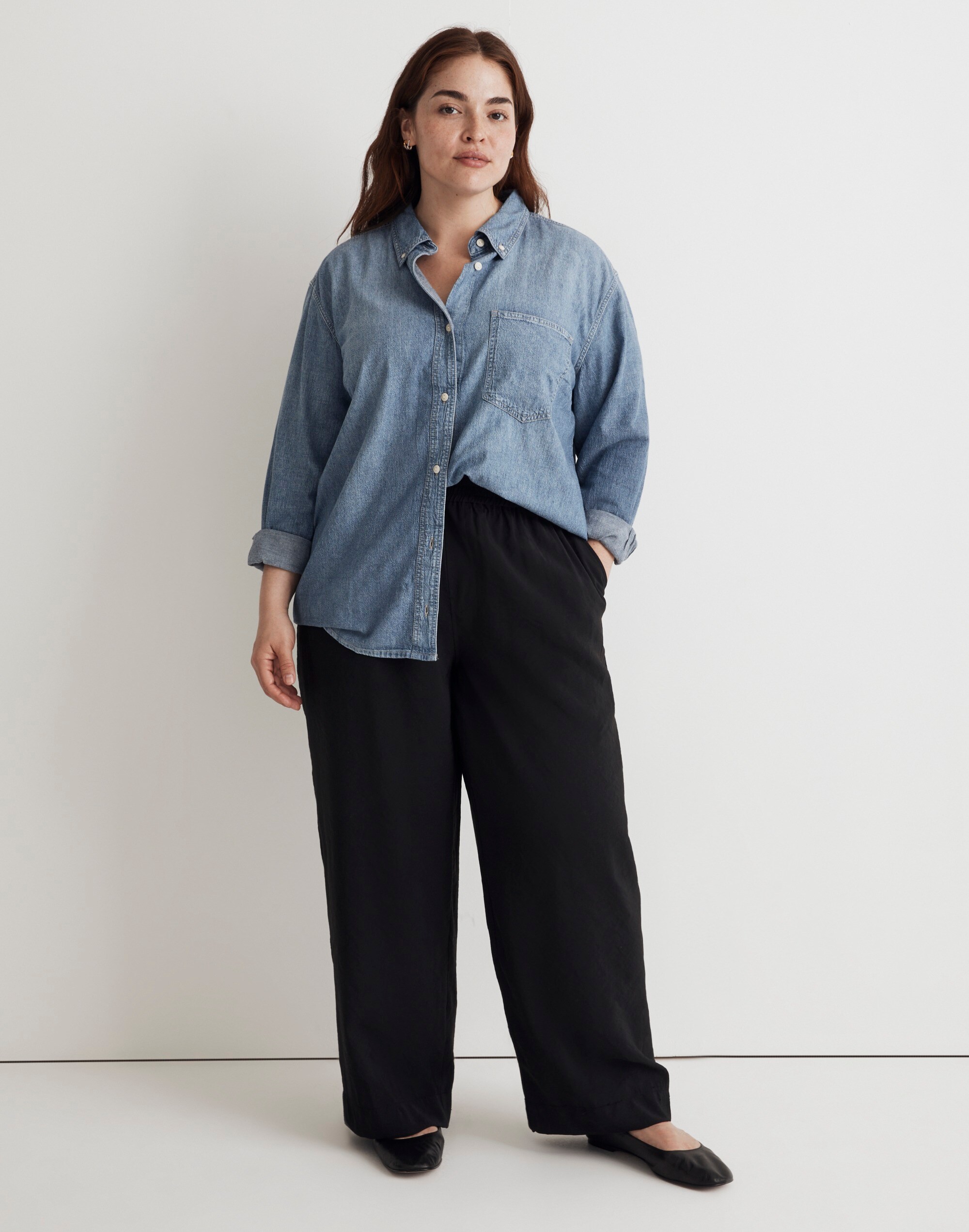 Plus Denim Button-Down Collar Oversized Shirt