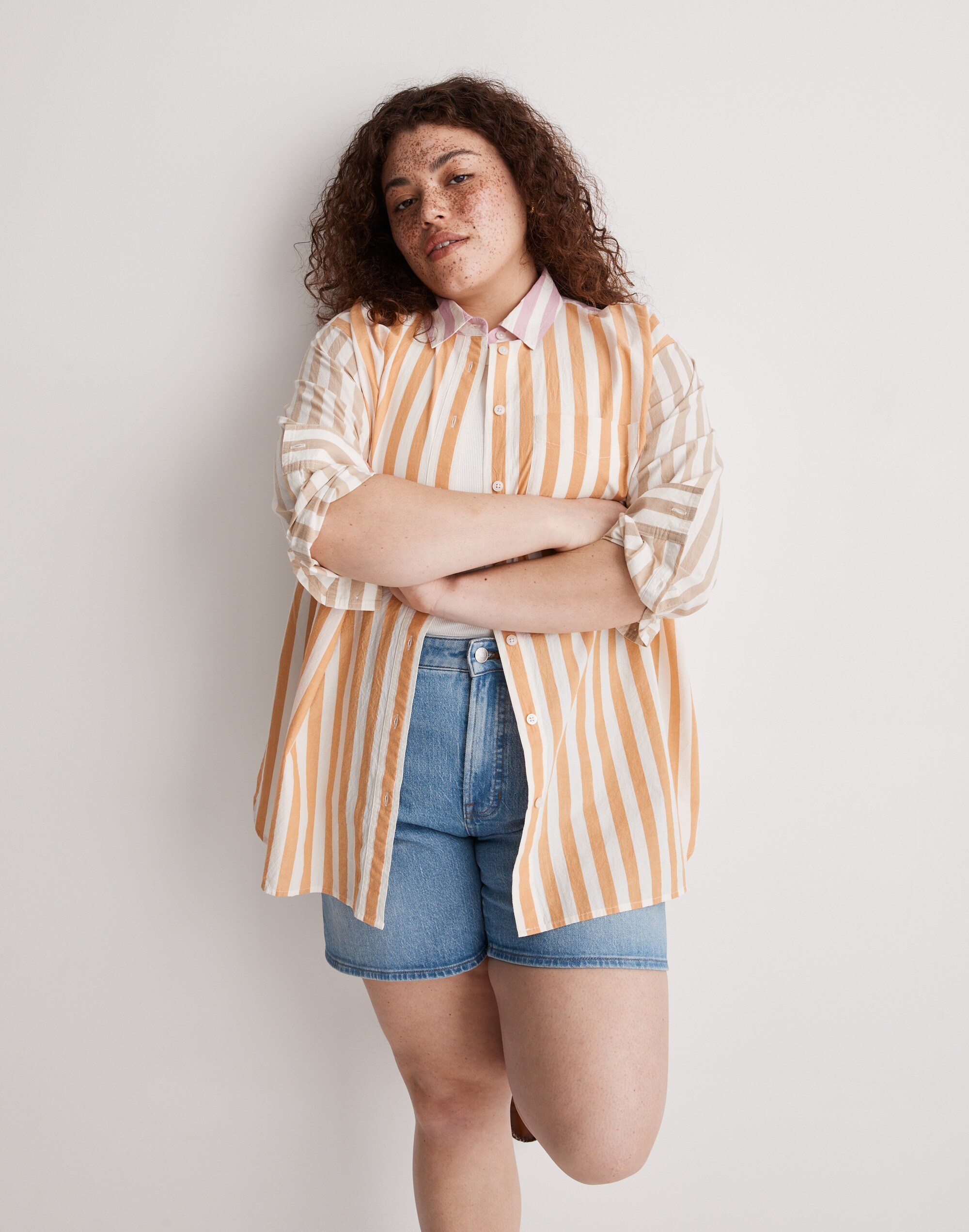 The Plus Signature Poplin Oversized Shirt in Mixed Stripe