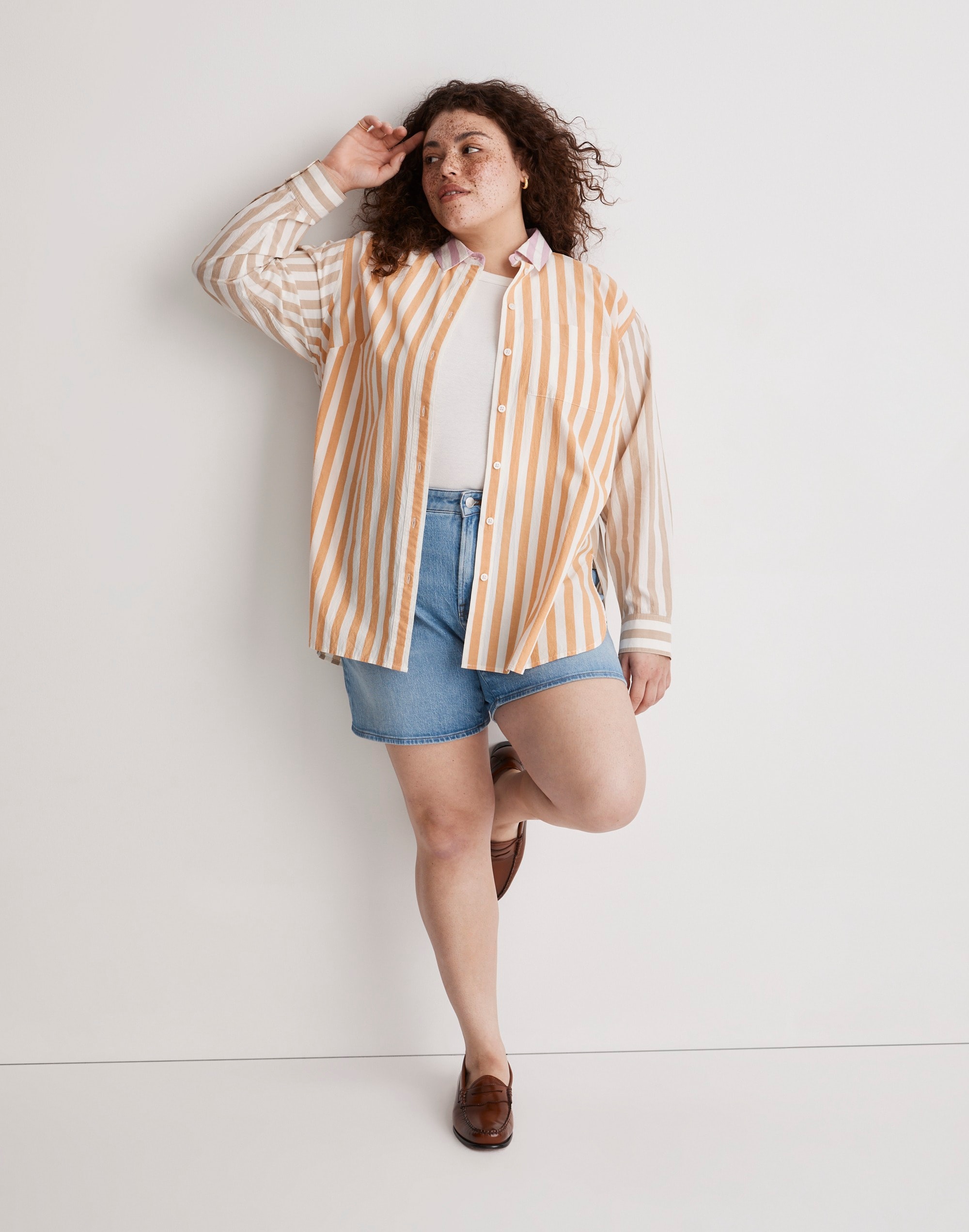 The Plus Signature Poplin Oversized Shirt in Mixed Stripe