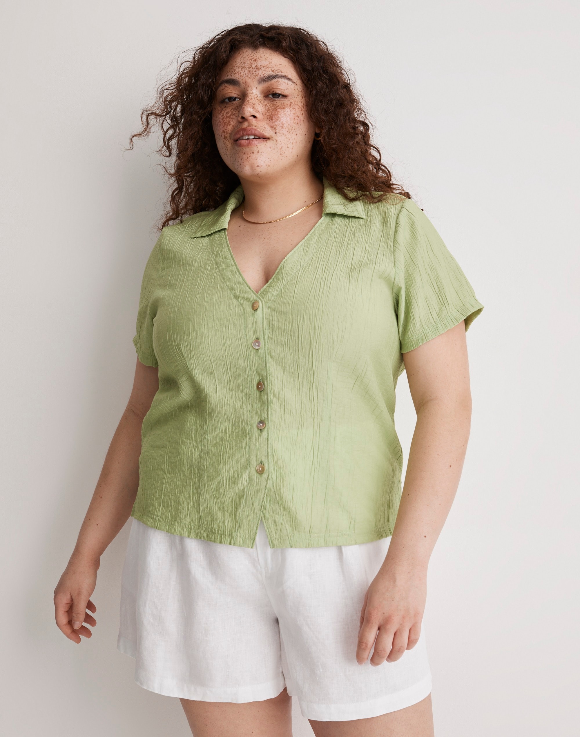 Plus Notched V-Neck Button-Up Top