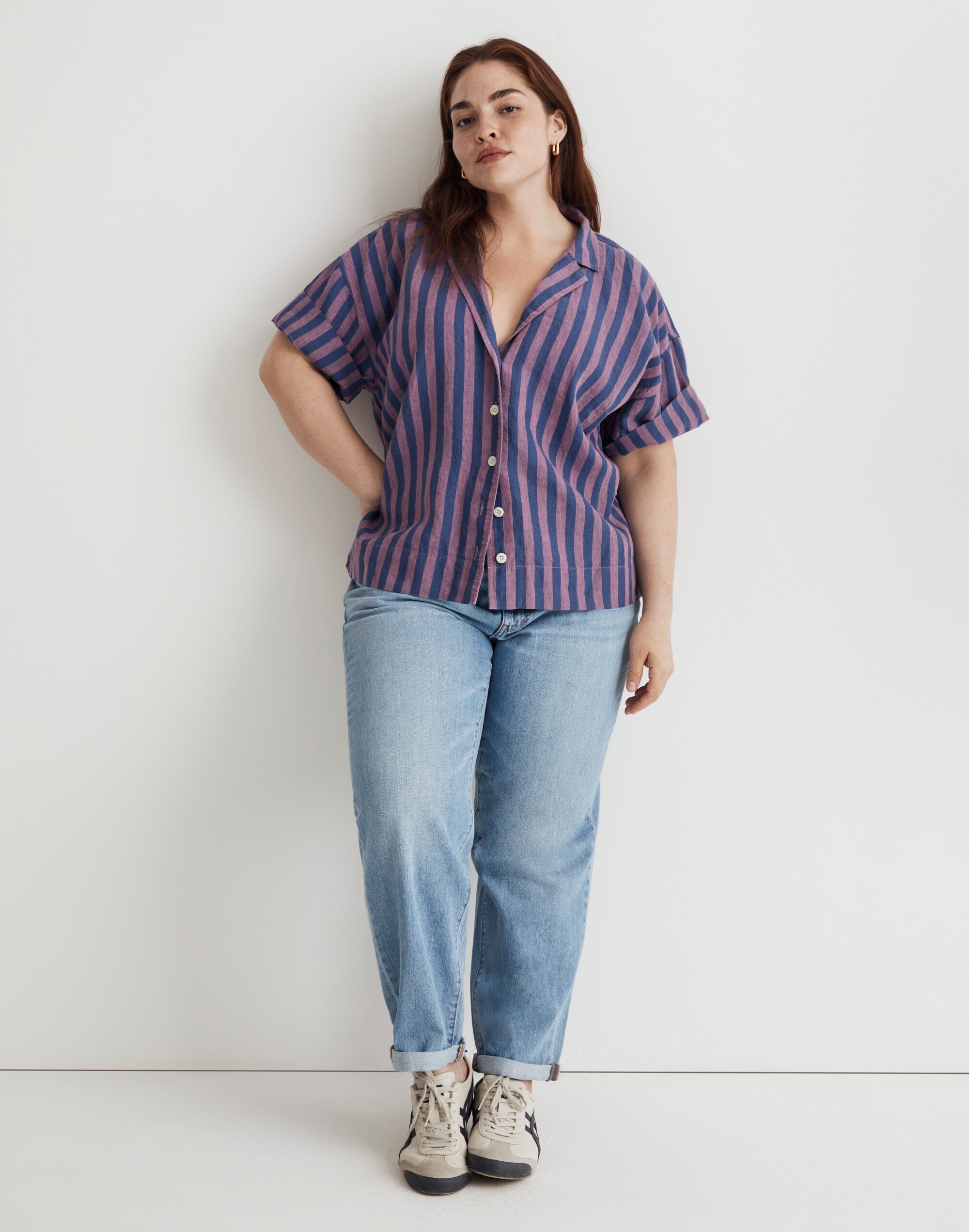 Plus 100% Linen Camp Shirt in Detmer Stripe