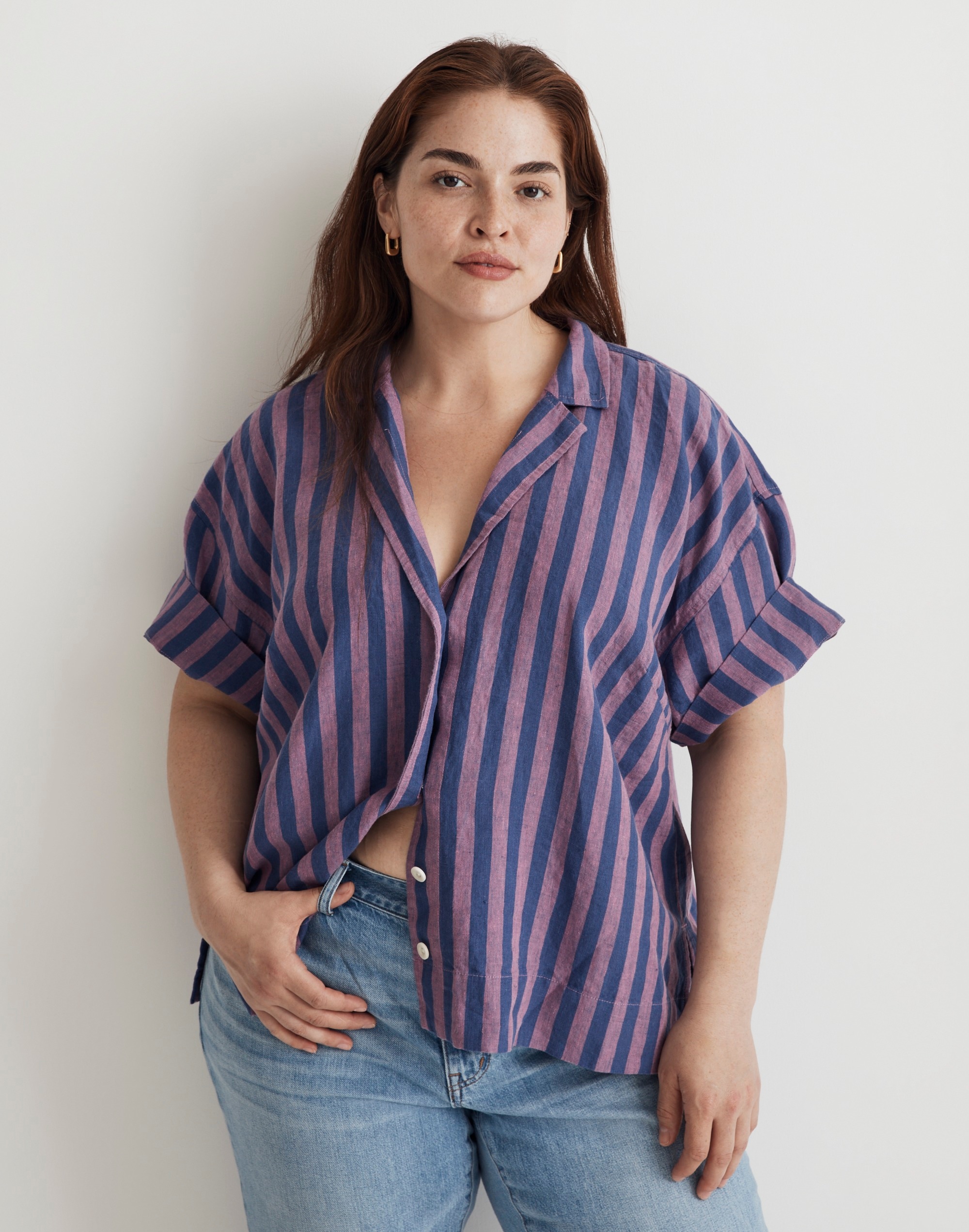 Plus 100% Linen Camp Shirt in Detmer Stripe