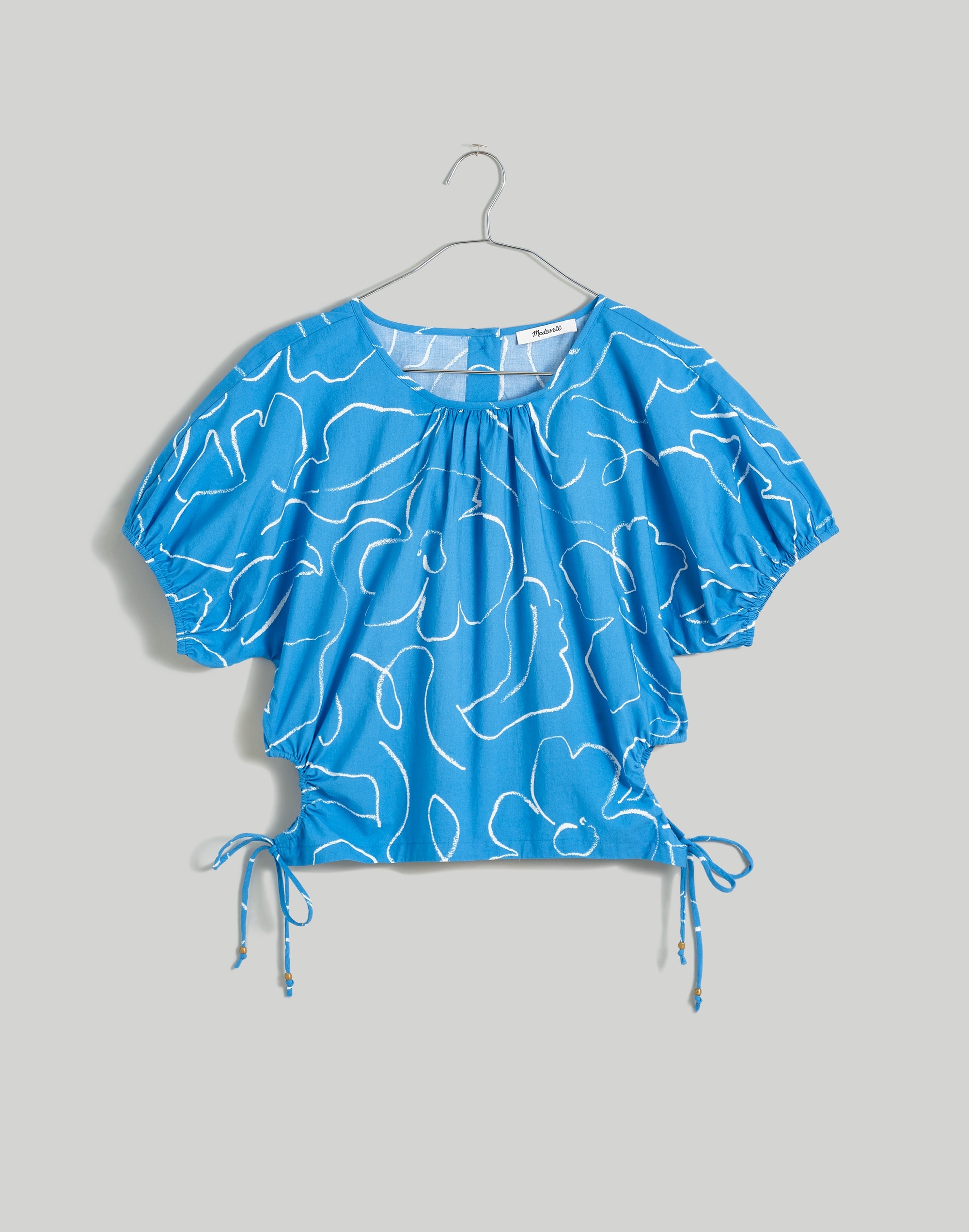 Plus Poplin Puff-Sleeve Cutout Crop Top in Linear Bloom