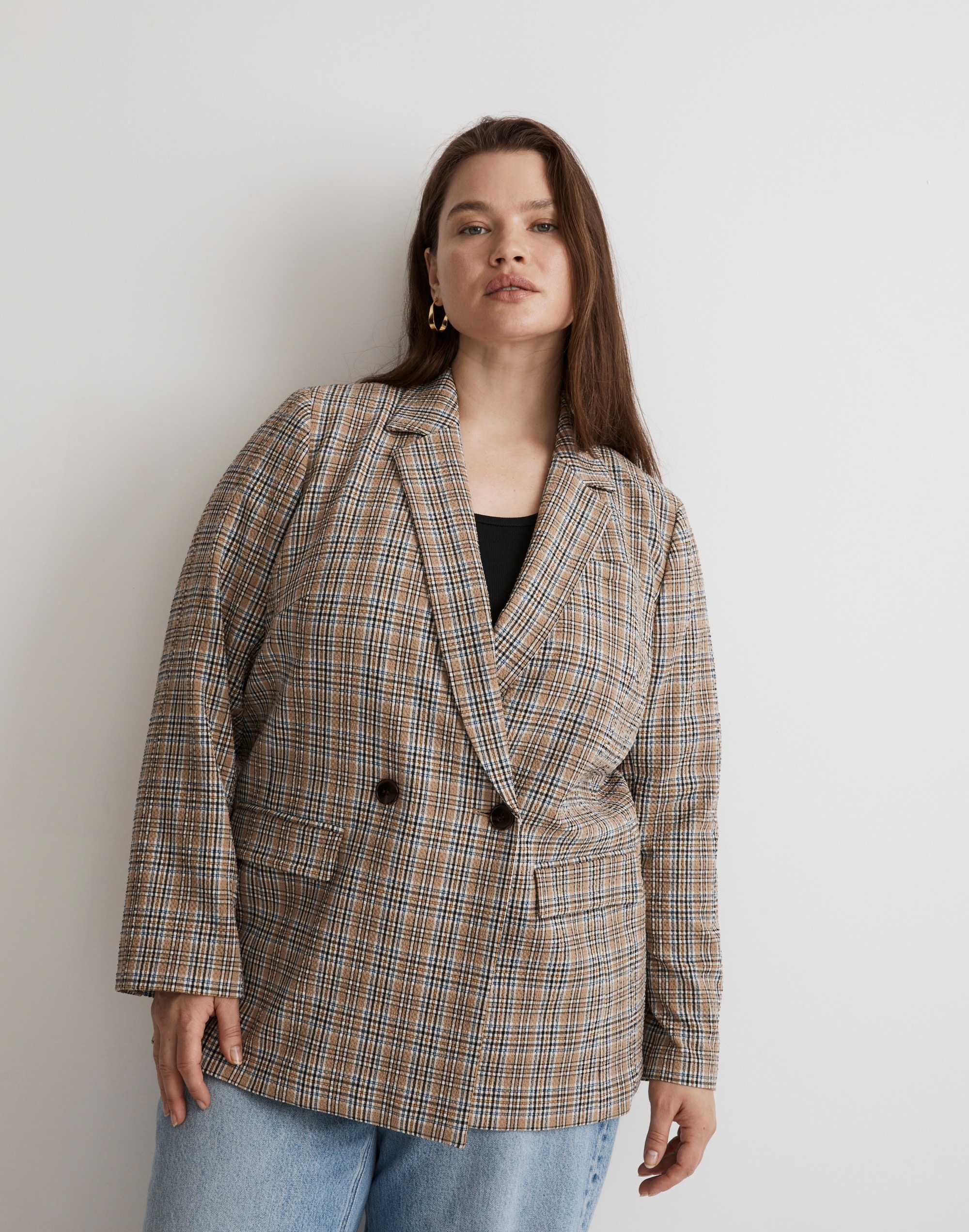 Plus Caldwell Double-Breasted Blazer in Prejean Plaid