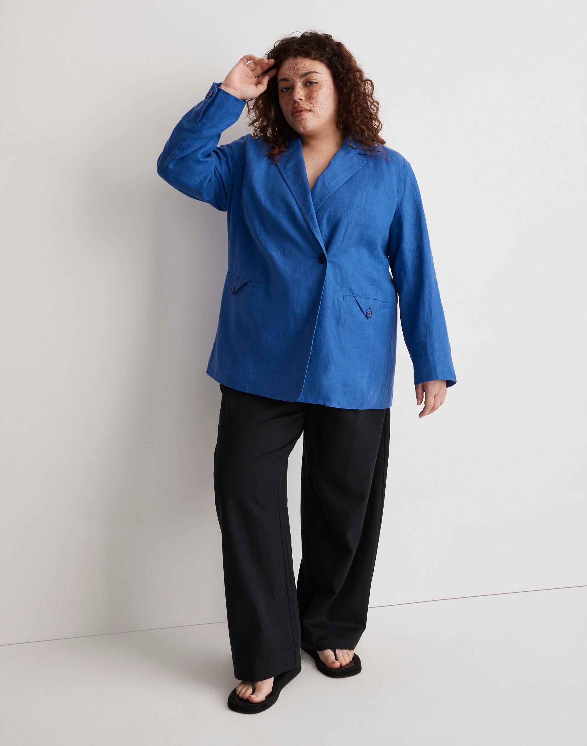 Plus Double-Breasted Crossover Blazer in 100% Linen