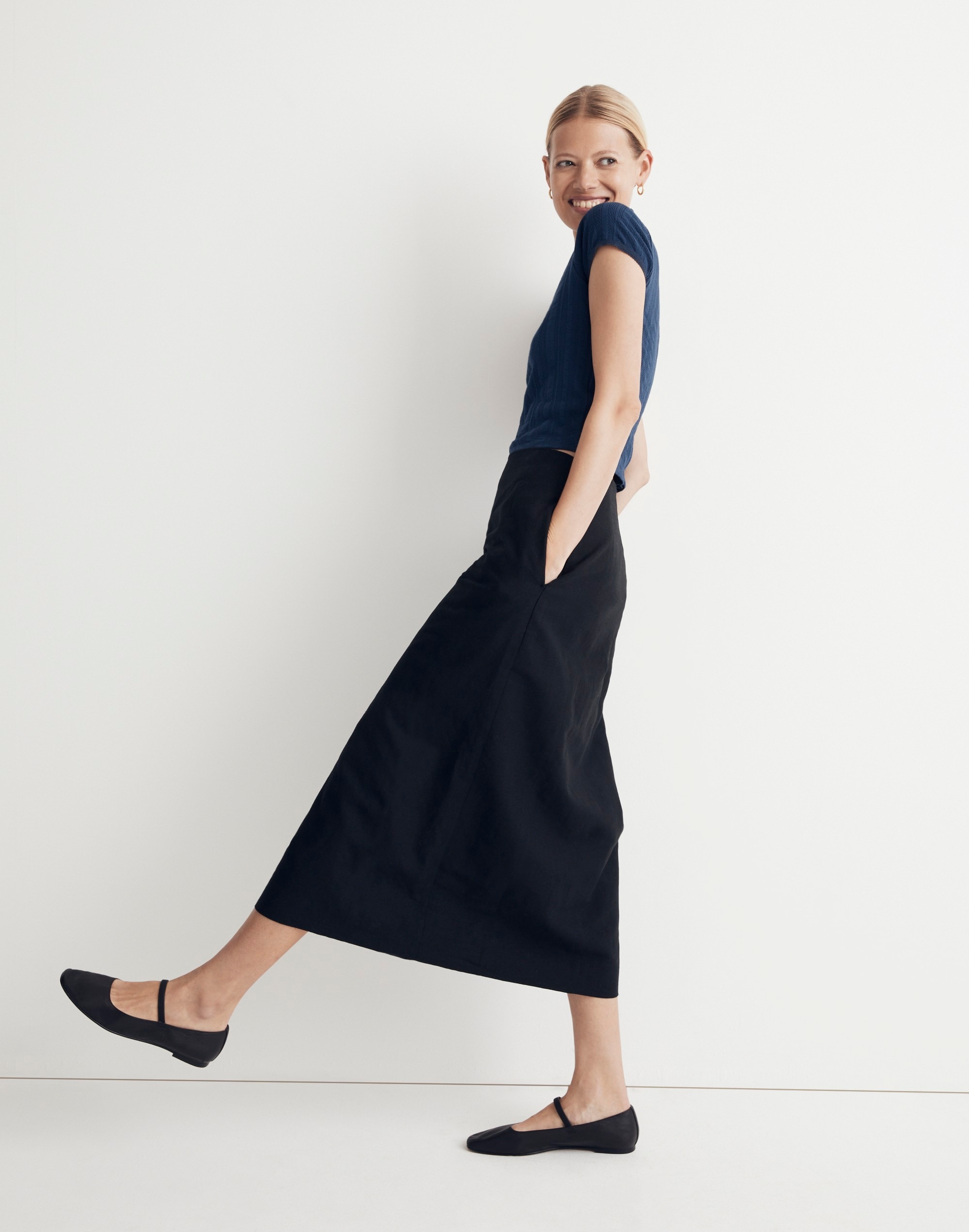 Linen-Cotton Blend Wrap Midi Skirt