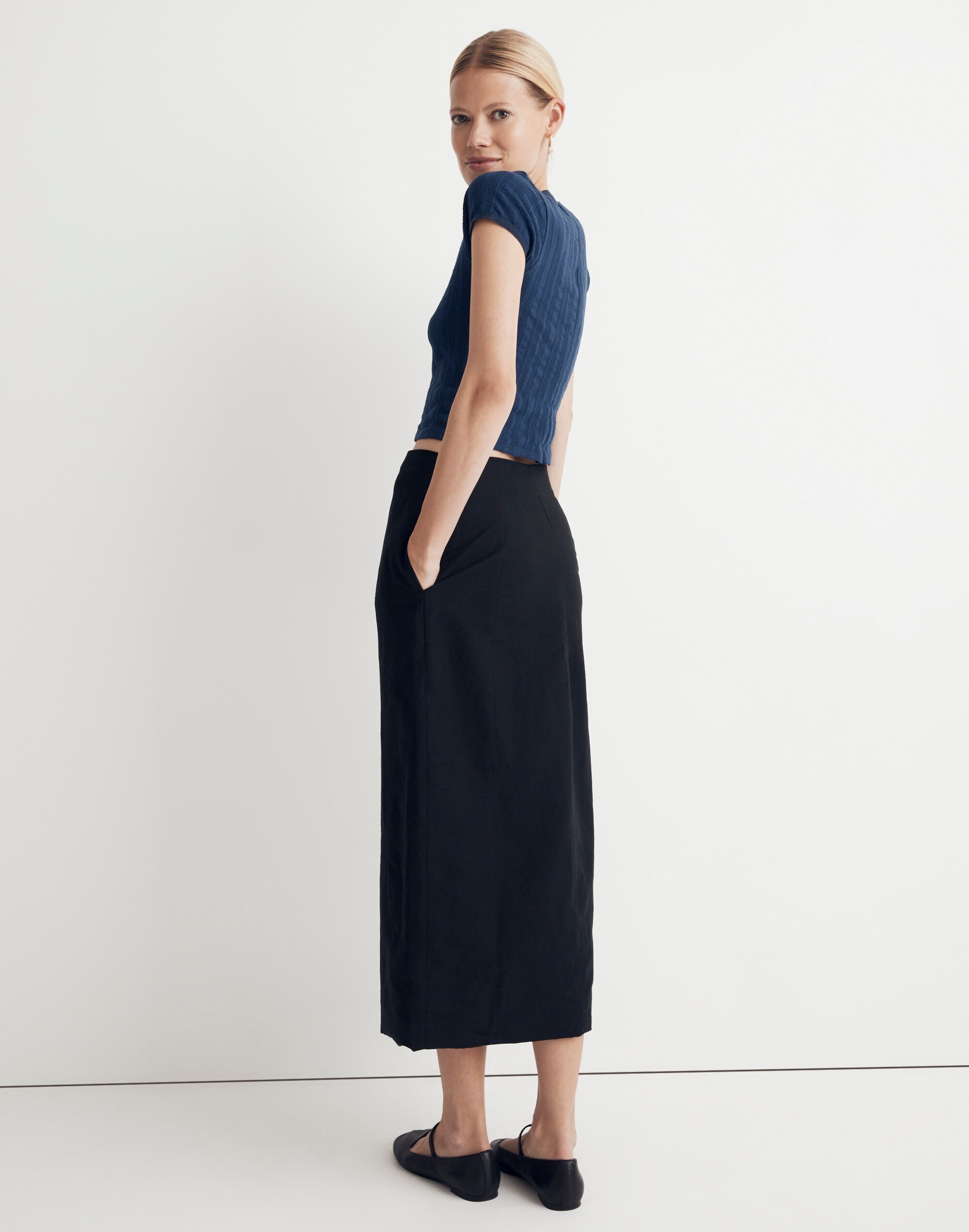 Linen-Cotton Blend Wrap Midi Skirt