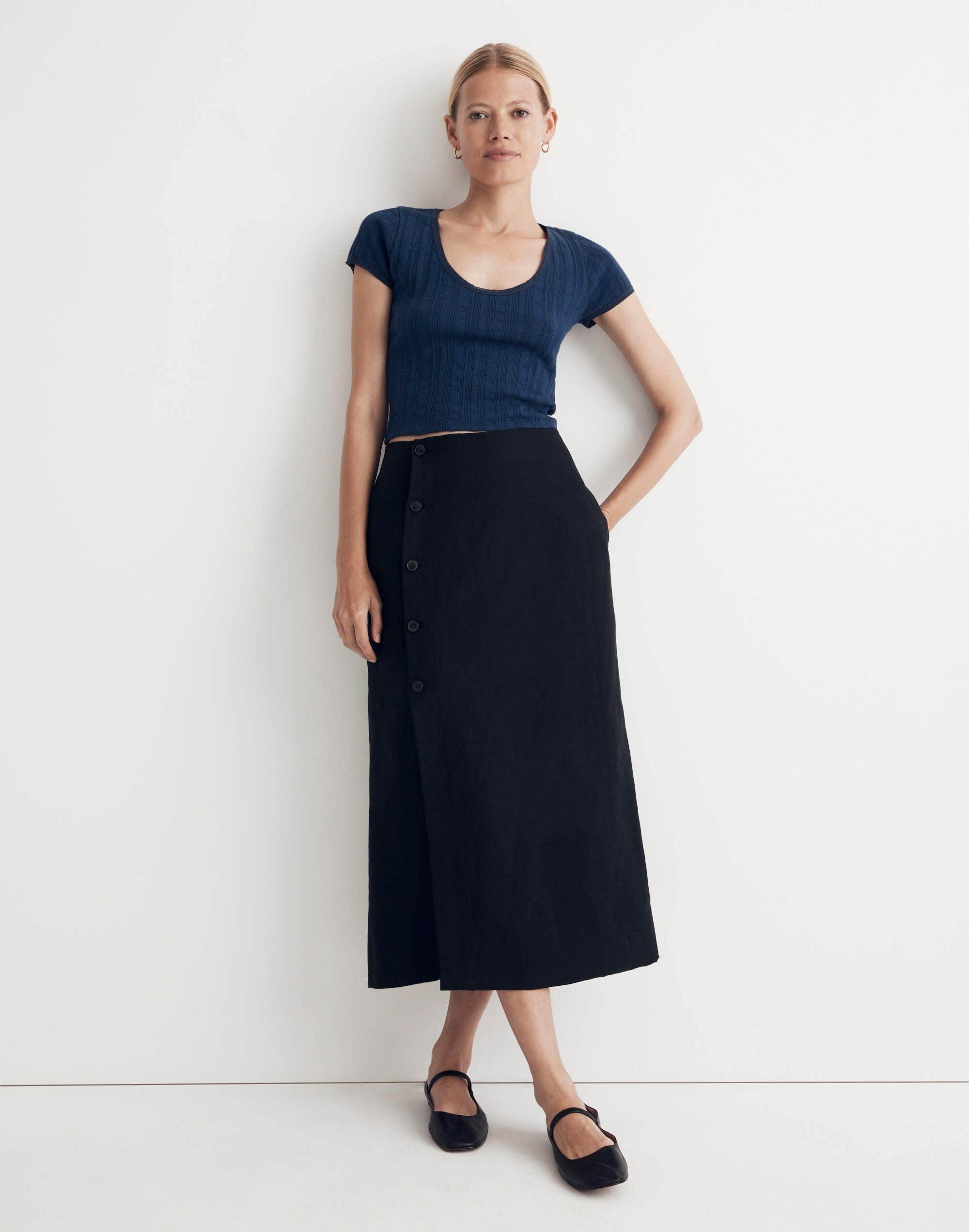 Linen-Cotton Blend Wrap Midi Skirt