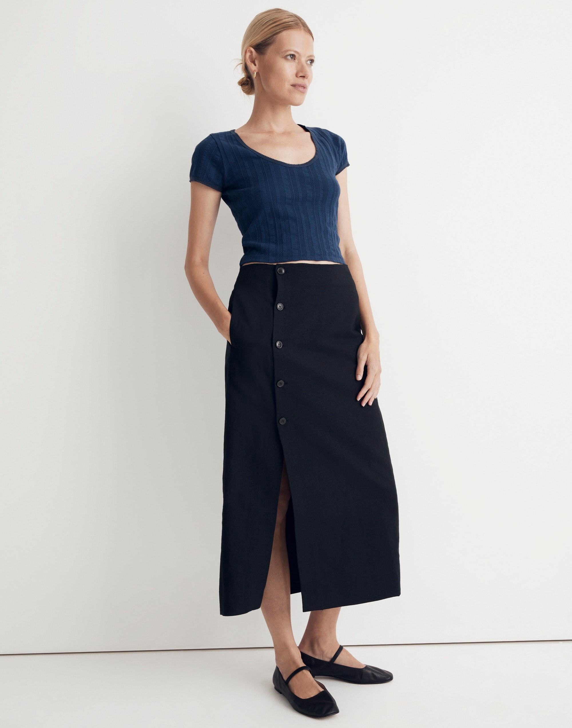 linen-cotton blend wrap midi skirt
