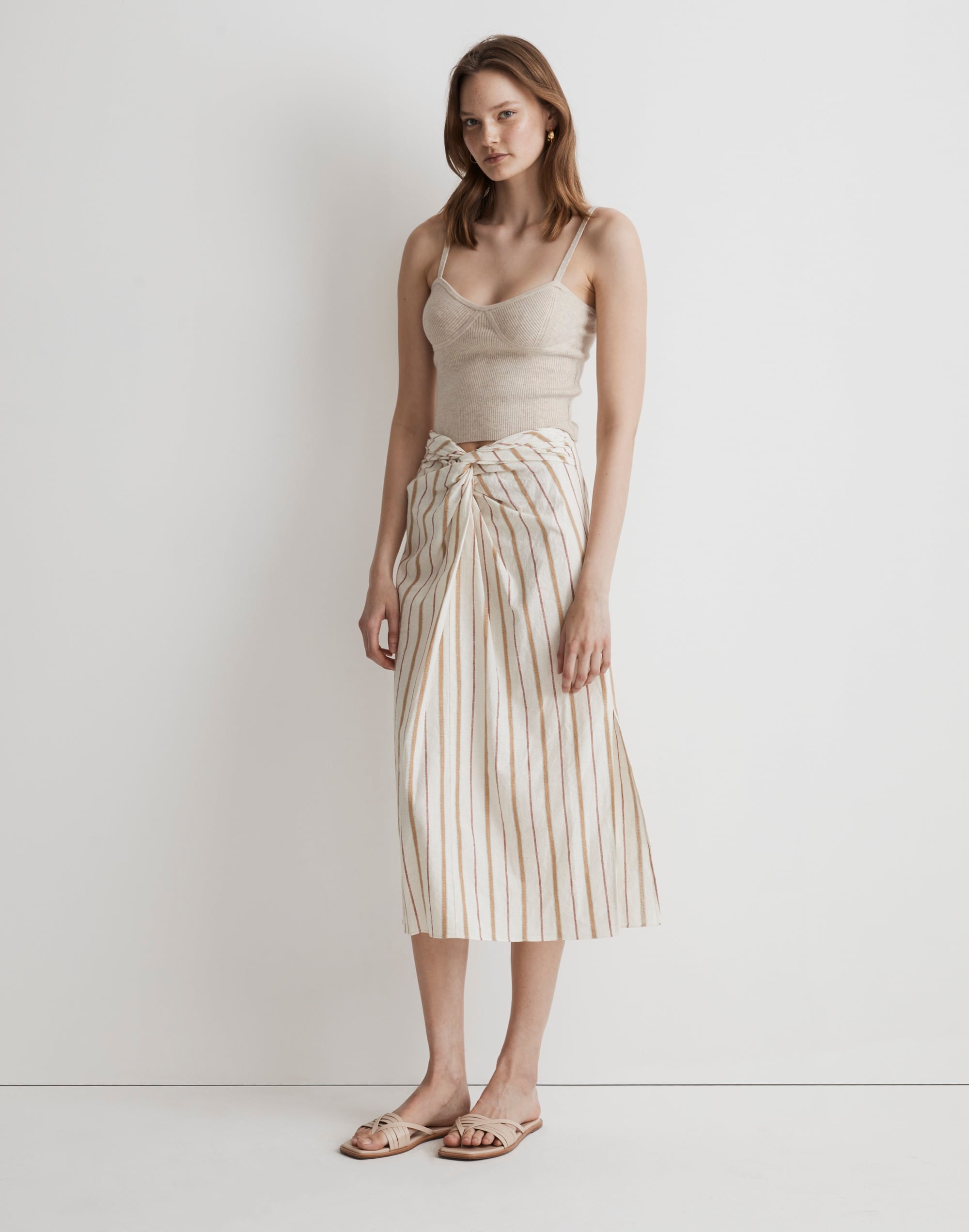 Twist-Front Sarong Midi Skirt in Stripe