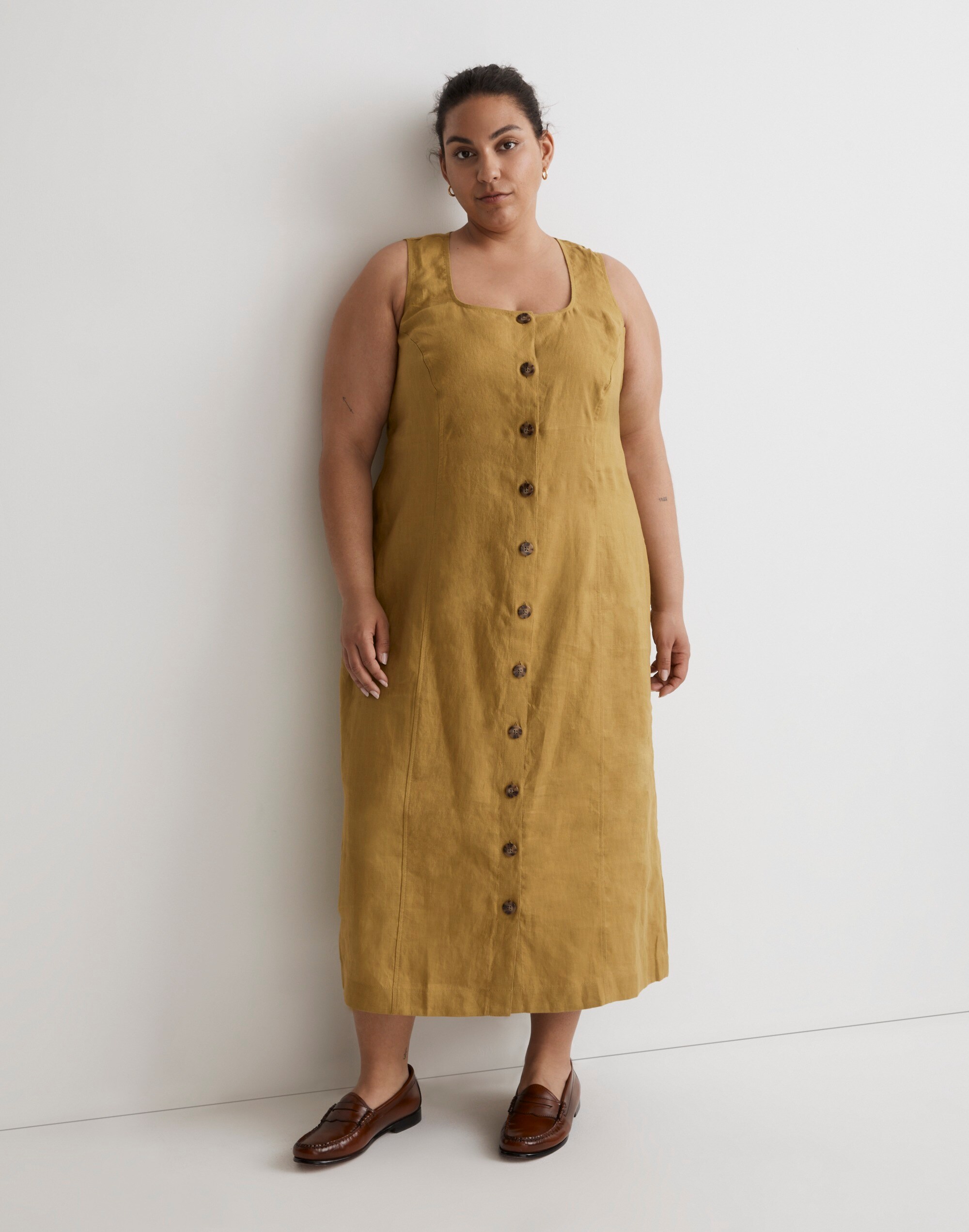 Plus 100% Linen Button-Front Midi Dress