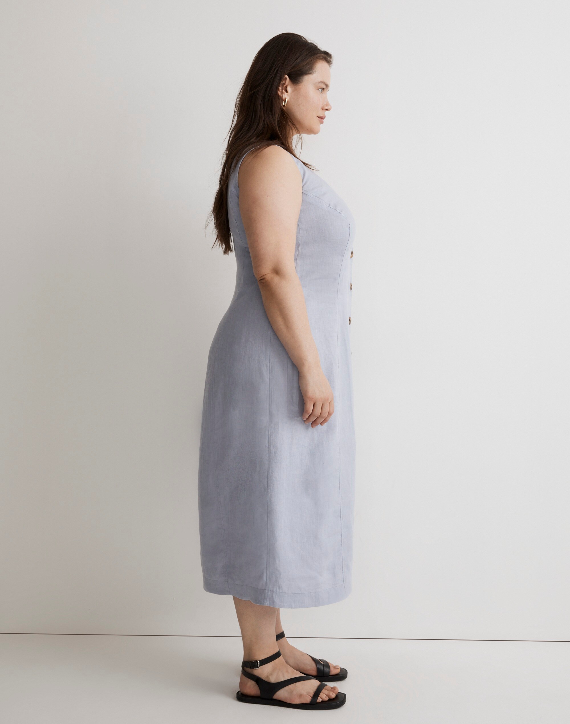 Plus 100% Linen Button-Front Midi Dress
