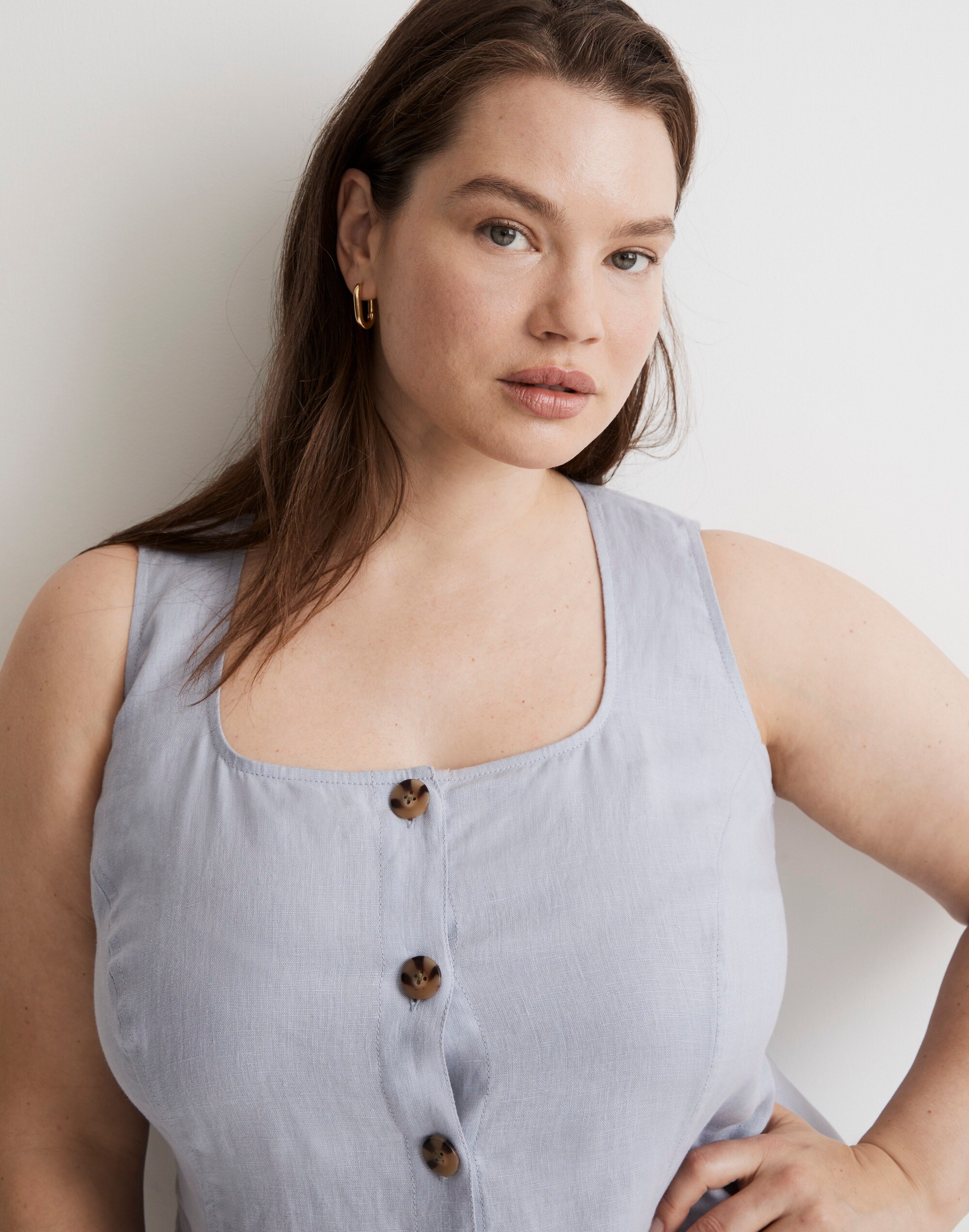 Plus 100% Linen Button-Front Midi Dress