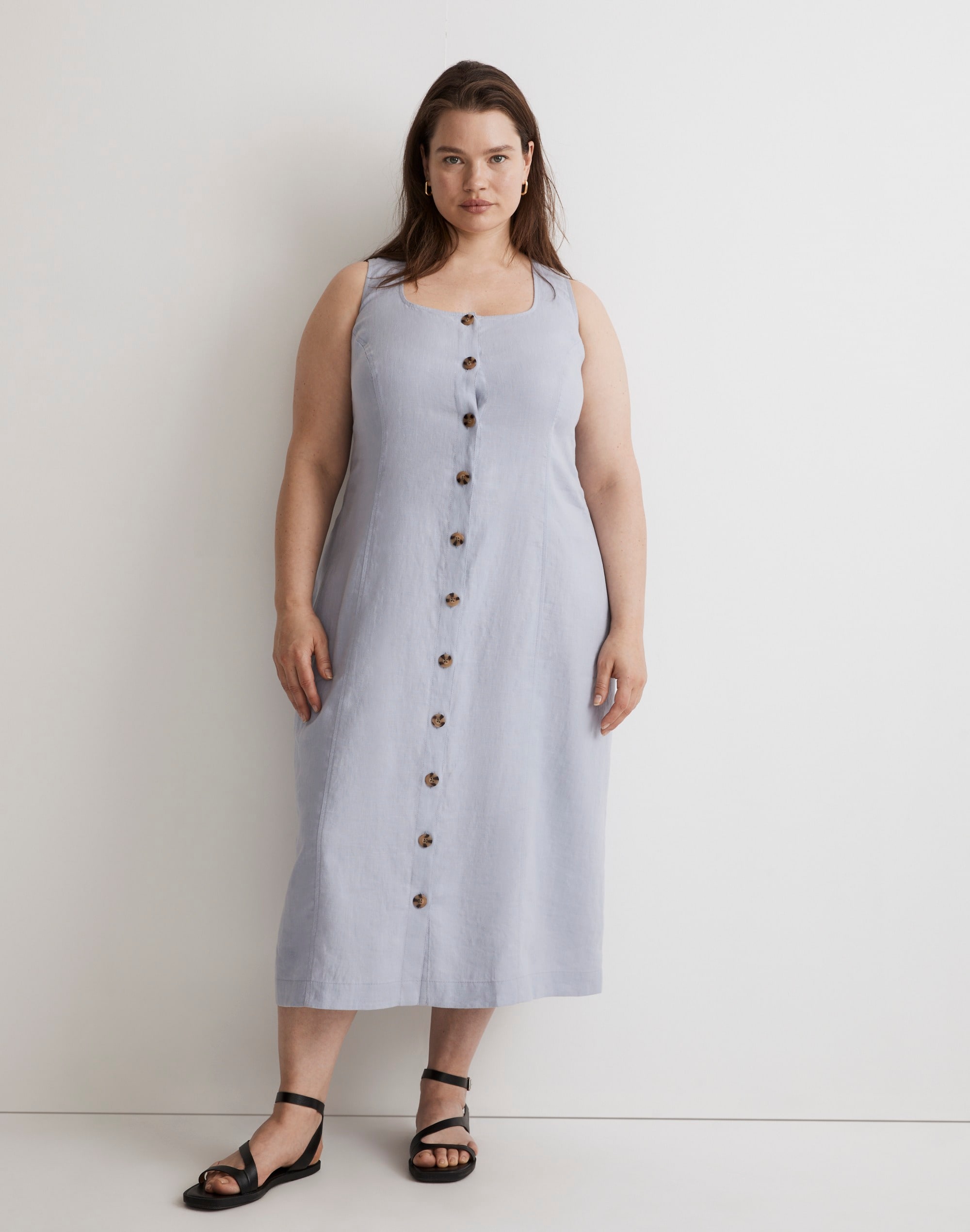Plus 100% Linen Button-Front Midi Dress