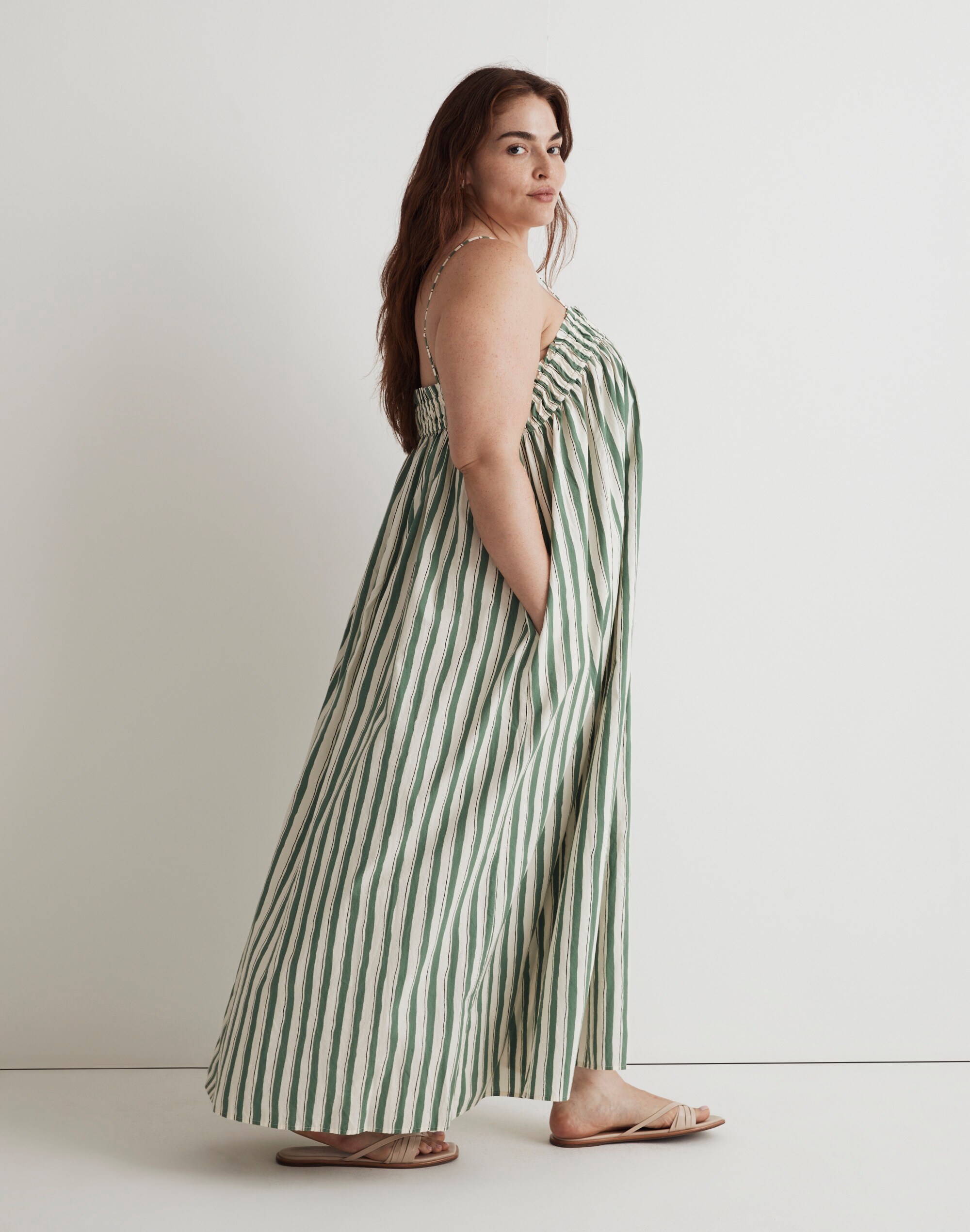 Plus Poplin Ruffle A-Line Midi Dress in Stripe