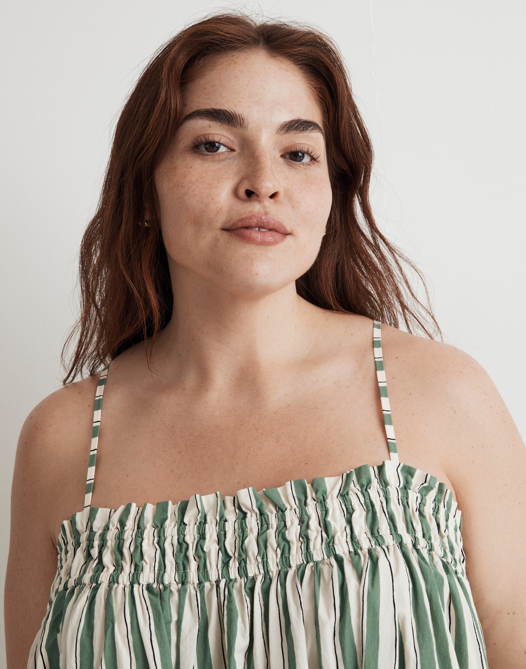 Plus Poplin Ruffle A-Line Midi Dress in Stripe