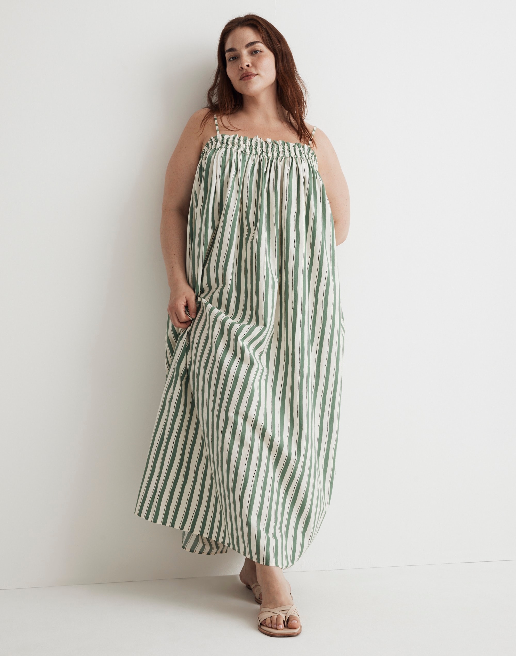 Plus Poplin Ruffle A-Line Midi Dress in Stripe