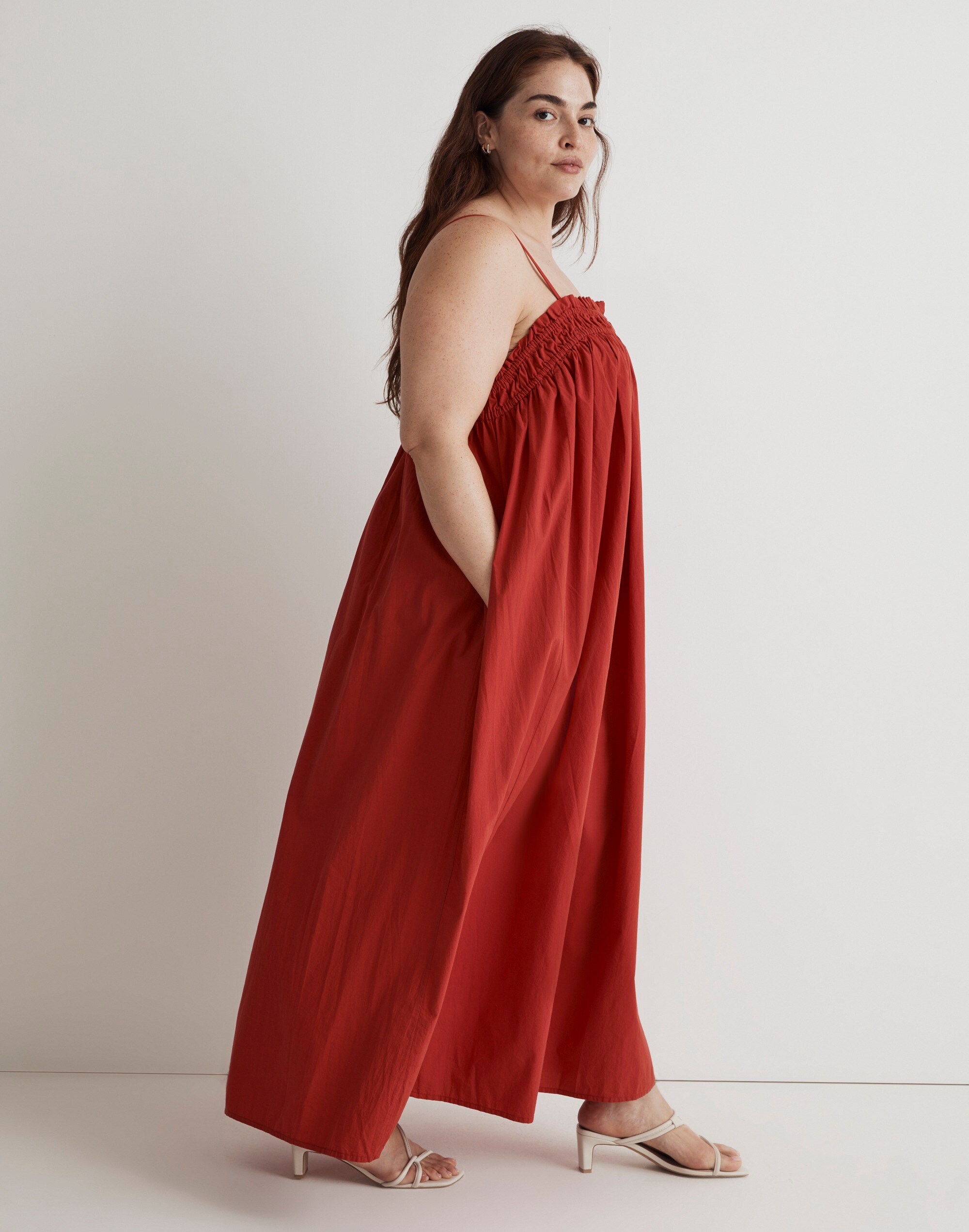 Plus Poplin Ruffle A-Line Midi Dress