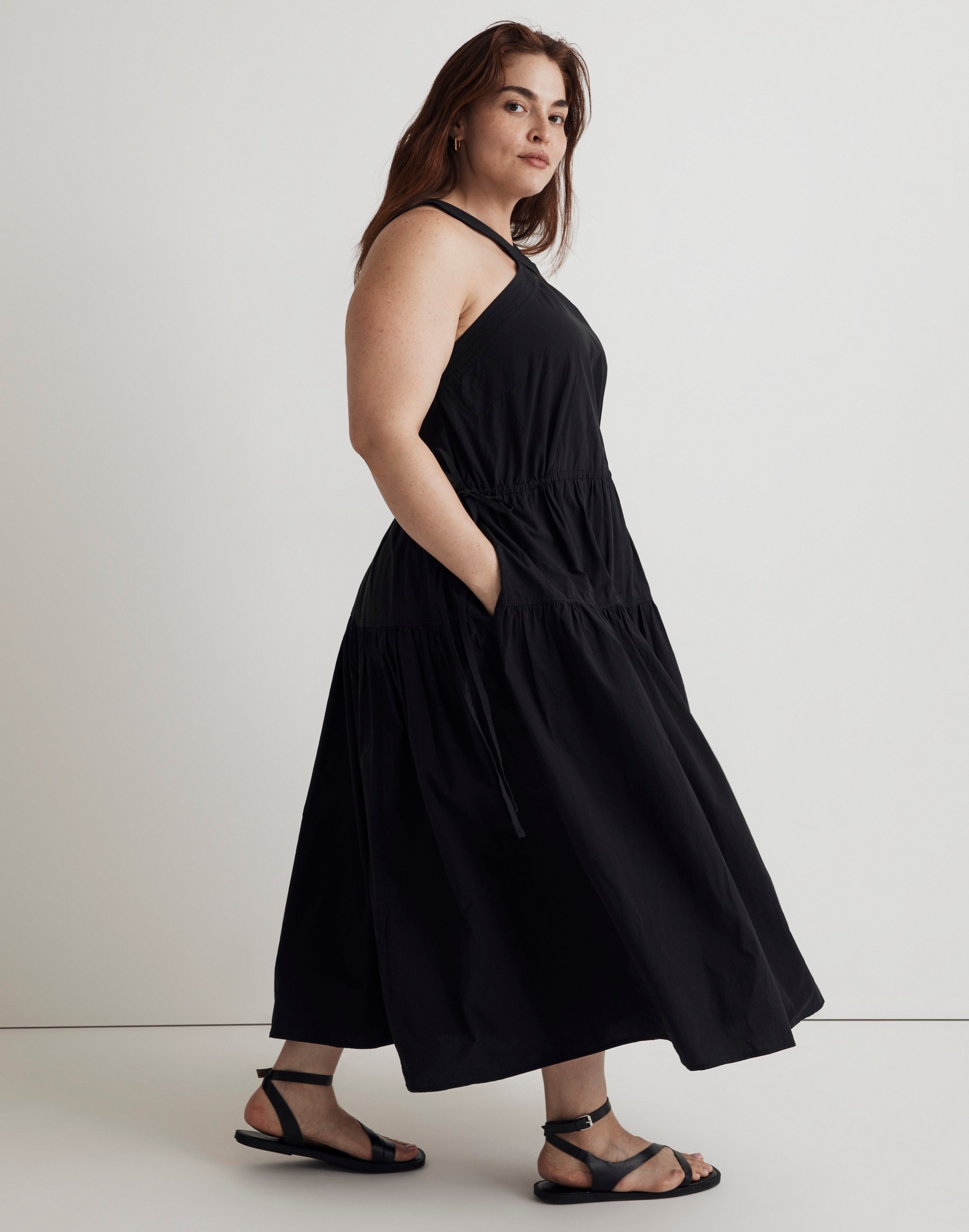 Plus Poplin Halter Tiered Midi Dress
